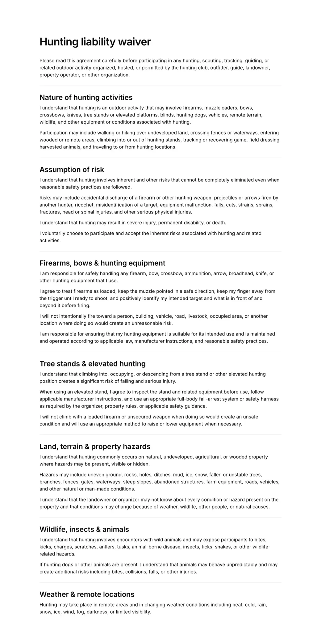 Hunting liability waiver PDF