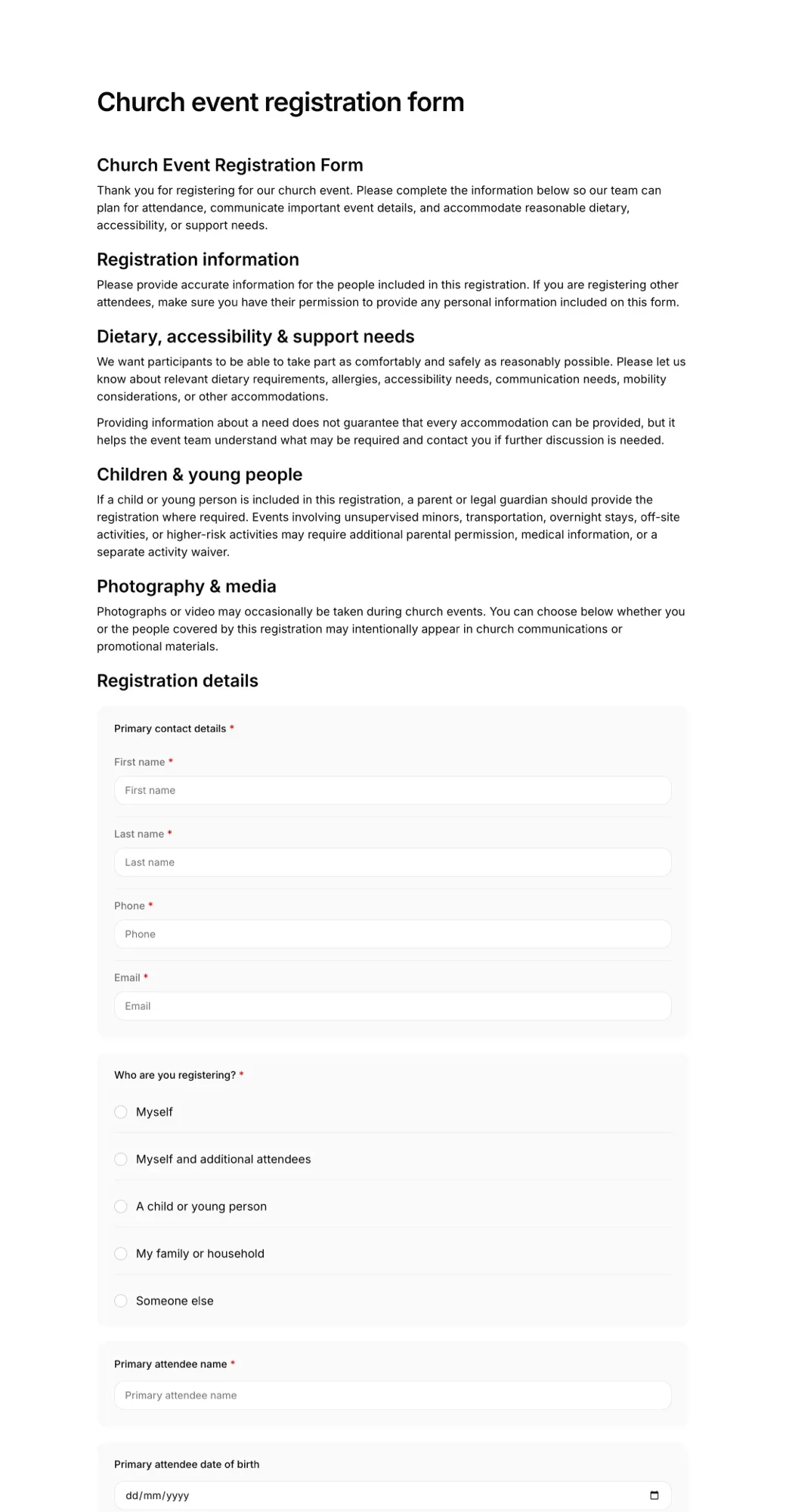 Church event registration form PDF