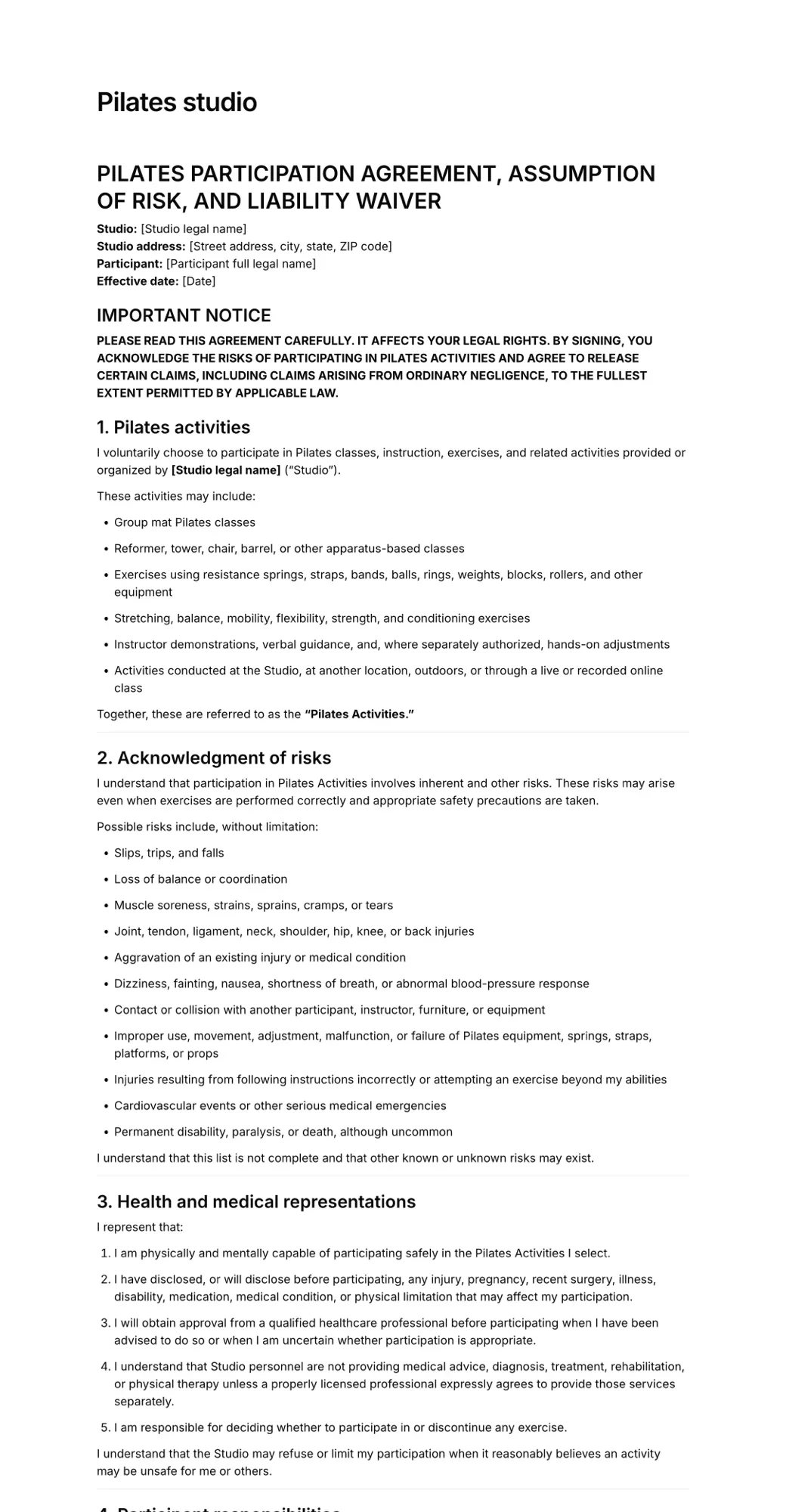 Pilates studio liability waiver PDF