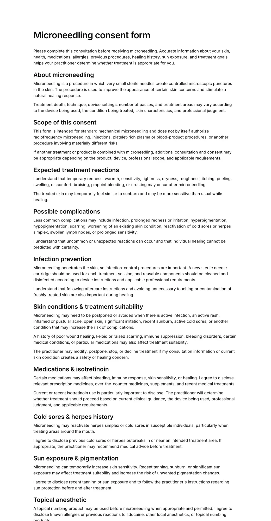 Microneedling consent form PDF