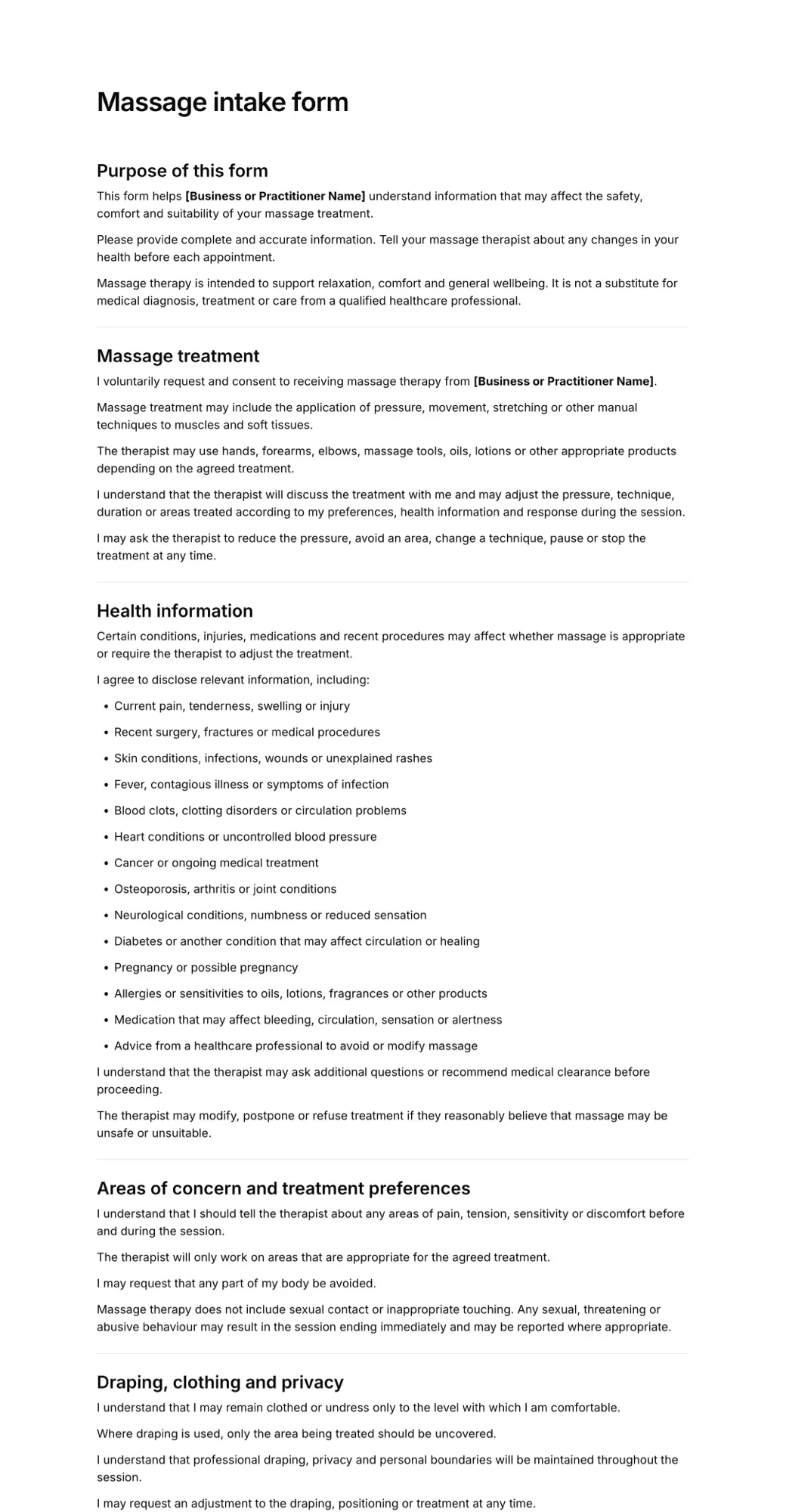 Massage intake form PDF