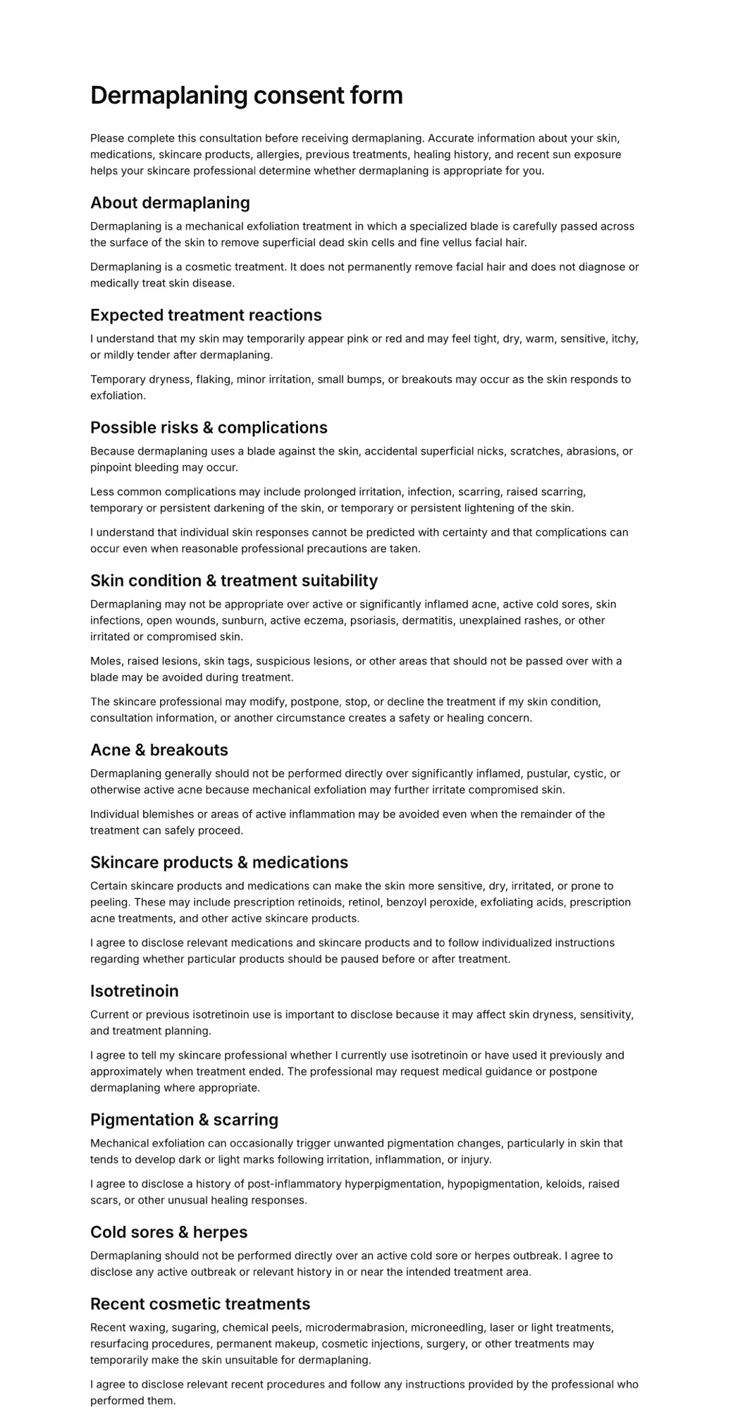 Dermaplaning consent form PDF