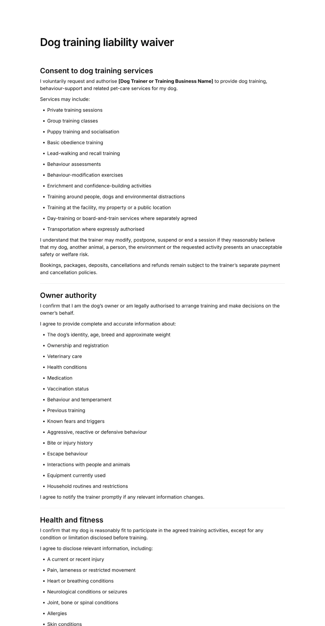 Dog training liability waiver PDF