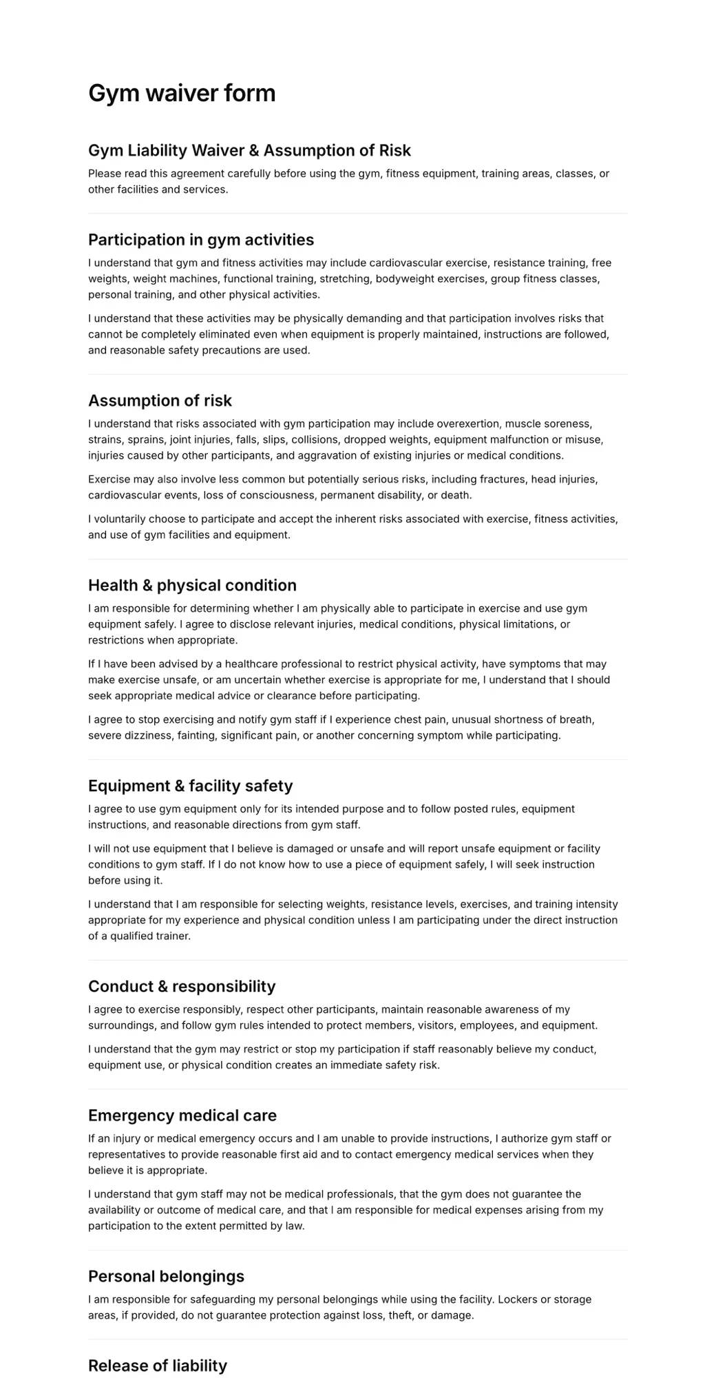 Gym waiver form PDF