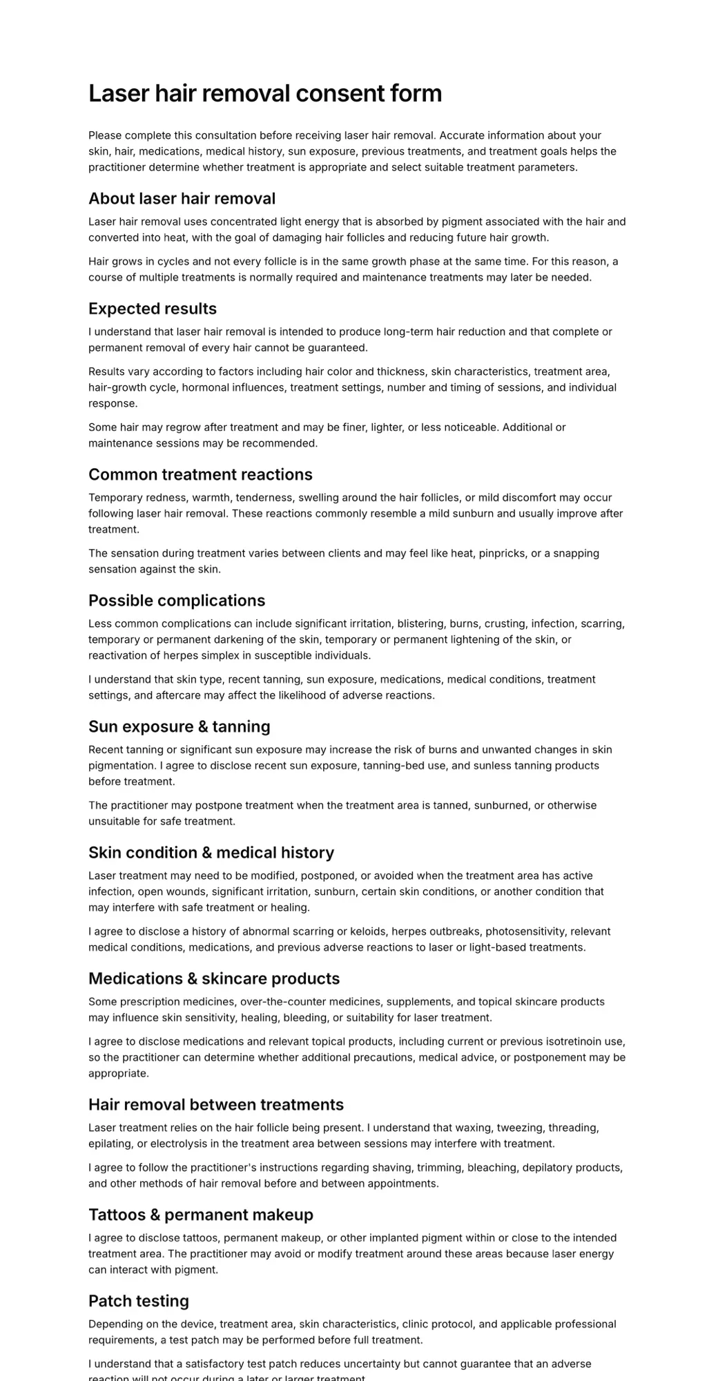 Laser hair removal consent form PDF