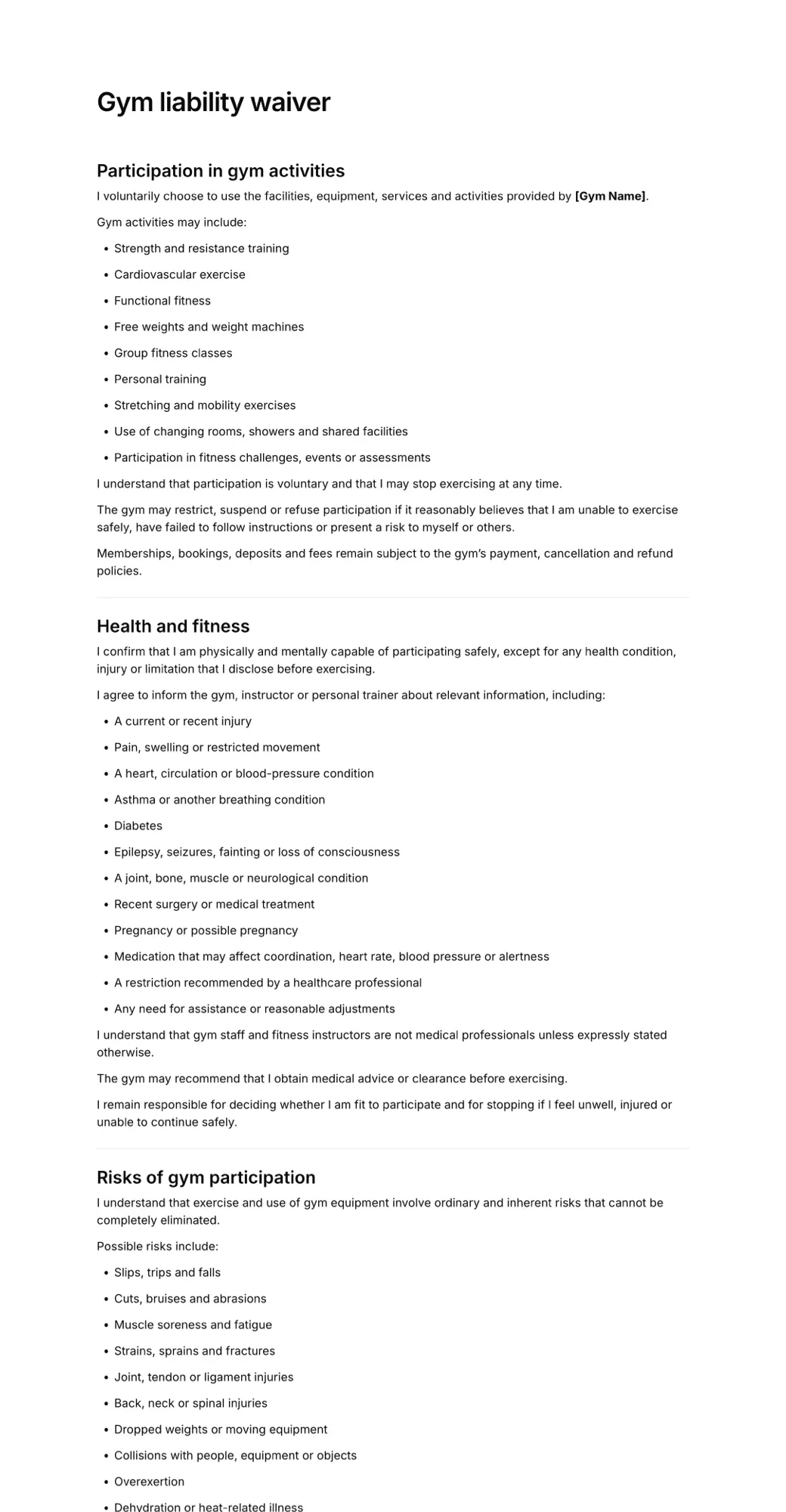 Gym liability waiver PDF