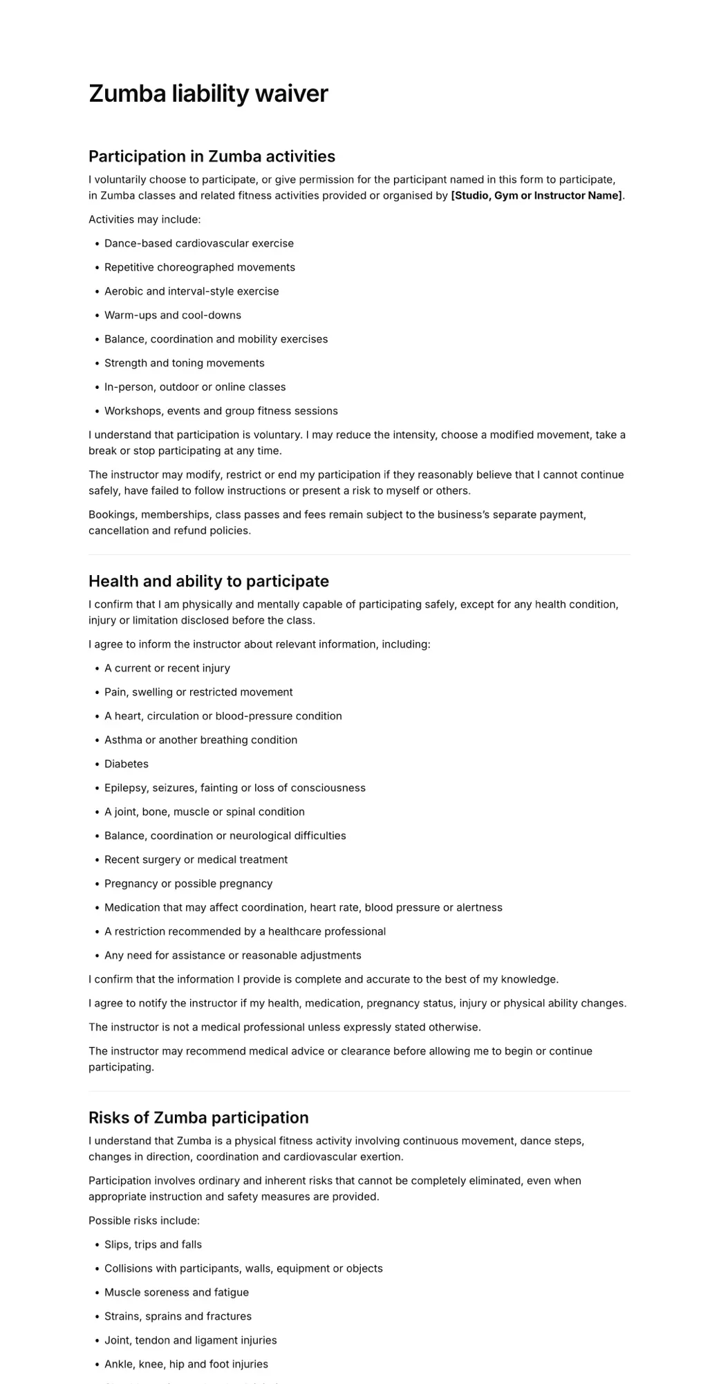 Zumba liability waiver PDF