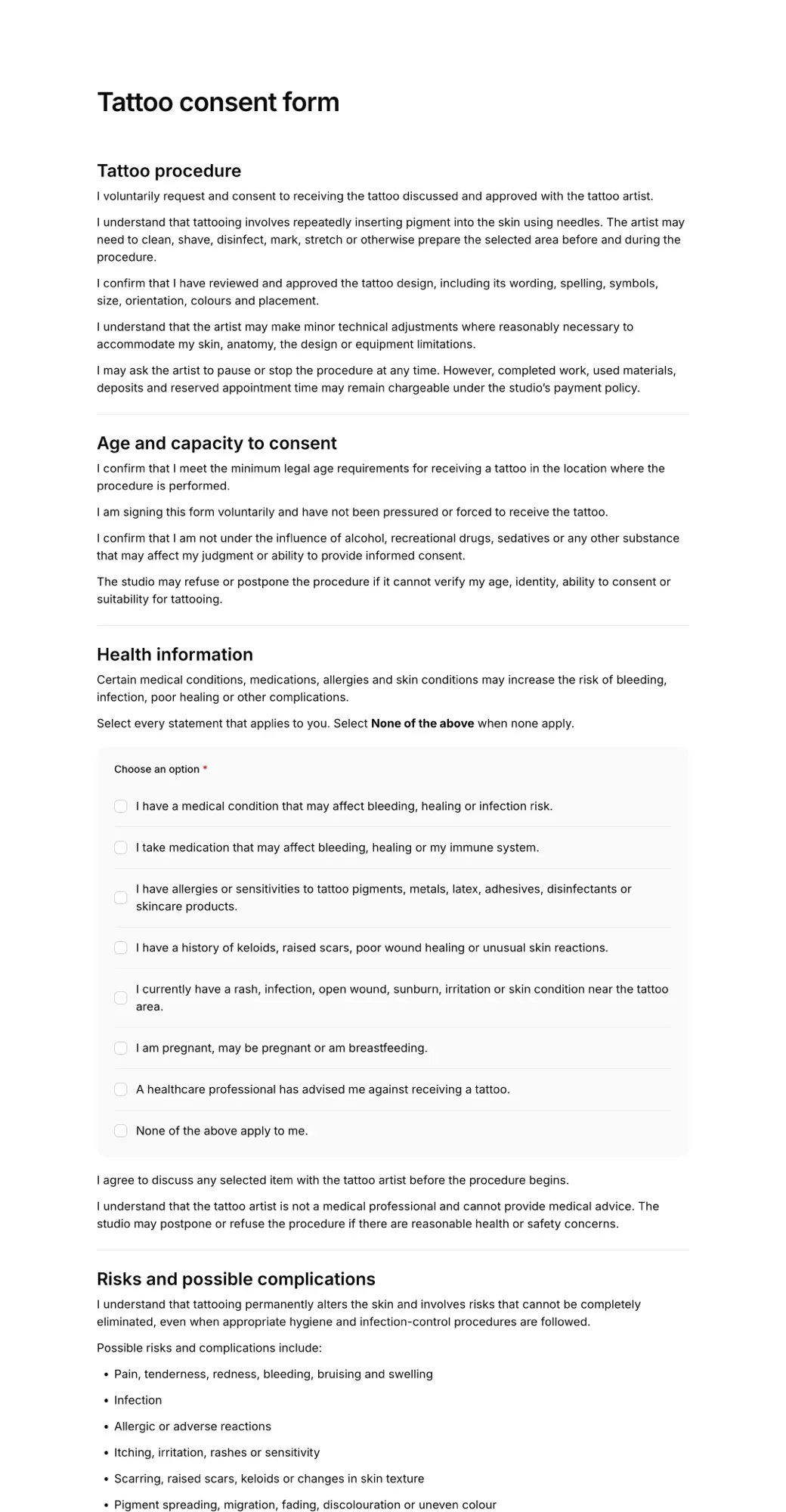 Tattoo consent form PDF