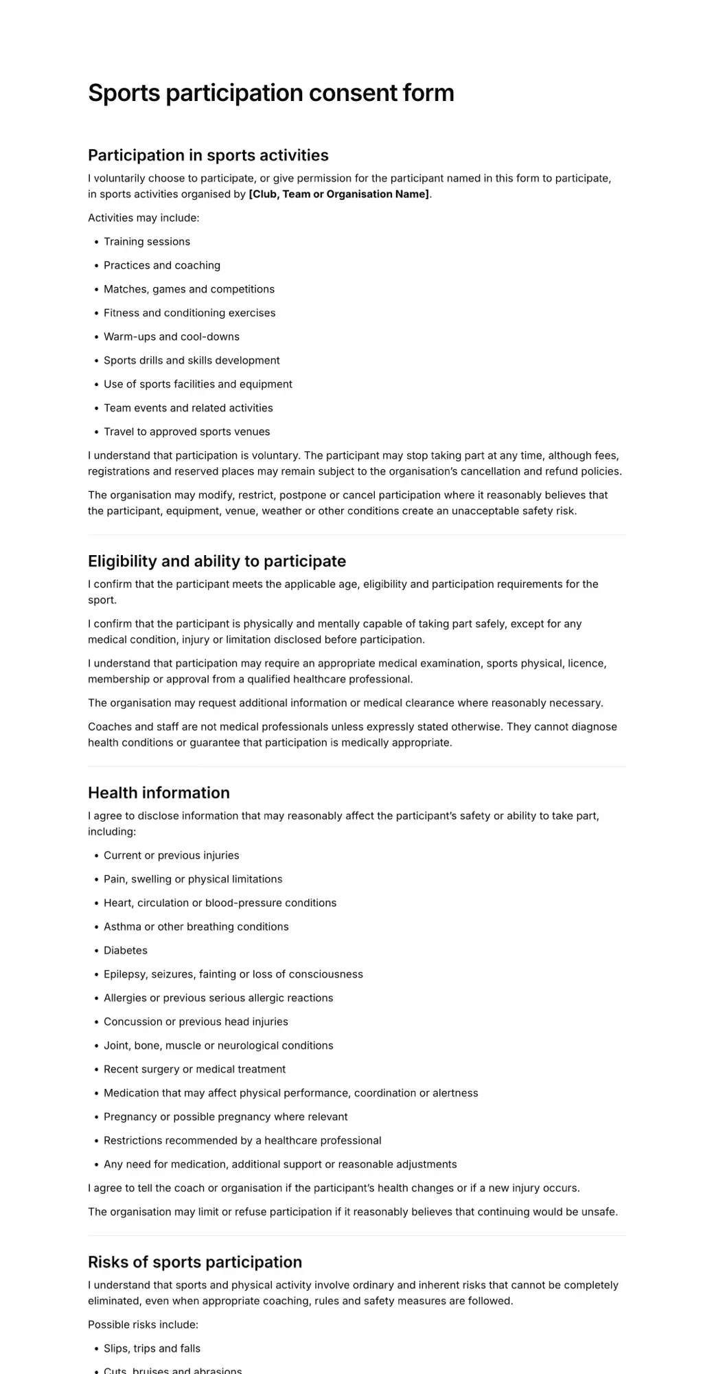 Sports consent form PDF