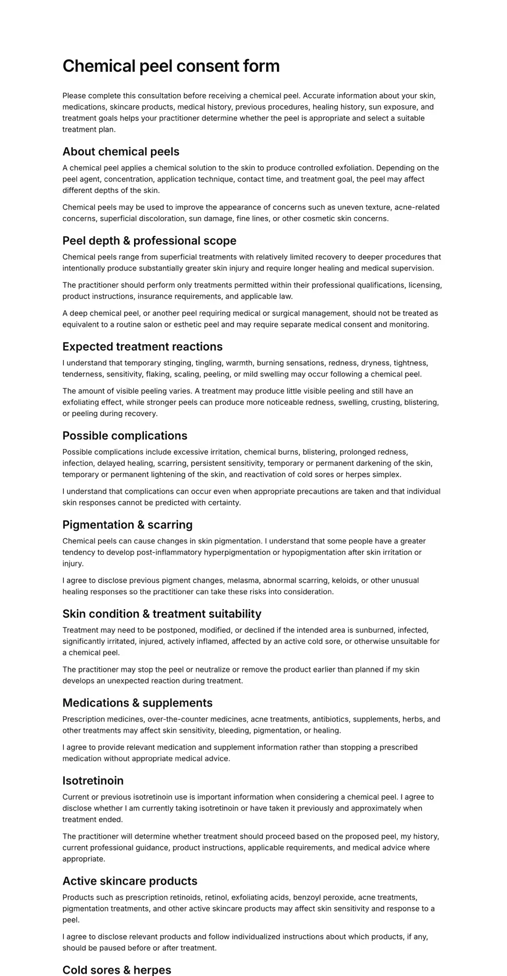 Chemical peel consent form PDF