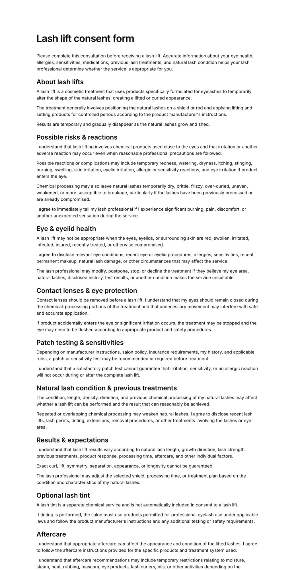 Lash lift consent form PDF
