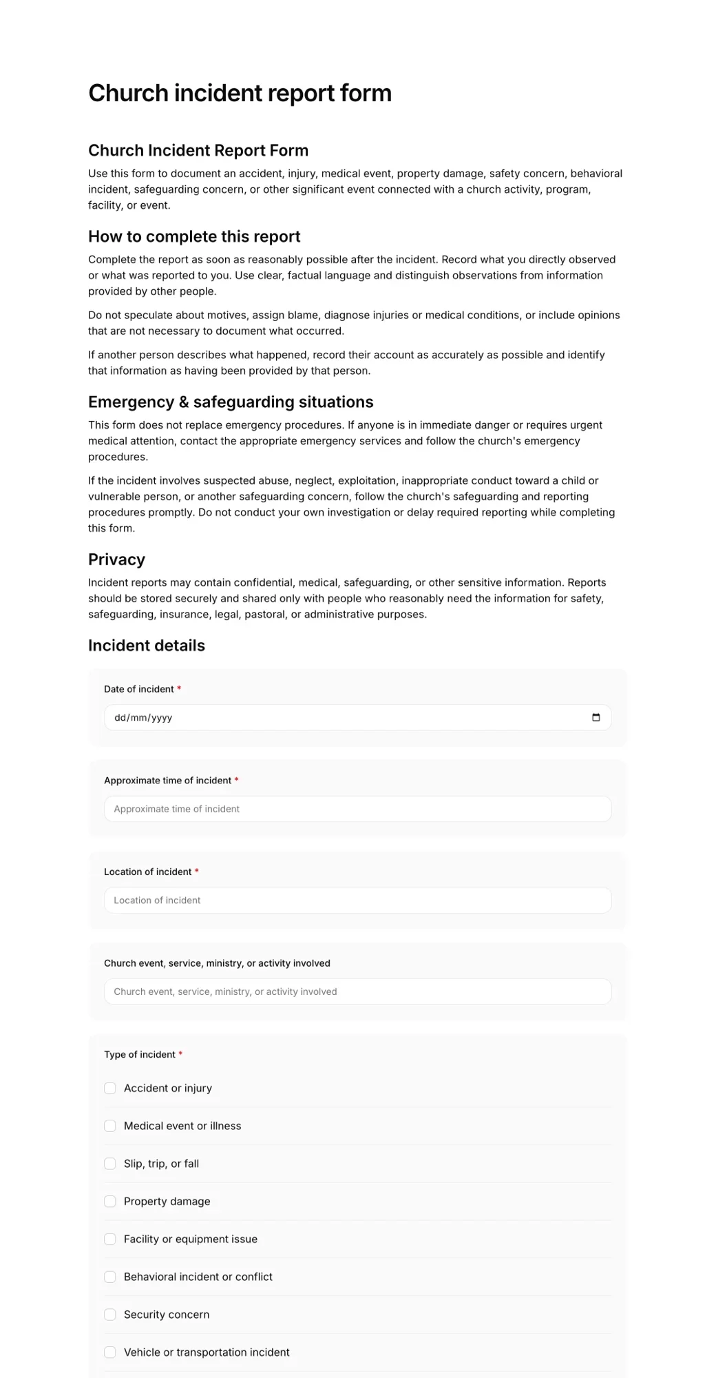 Church incident report form PDF