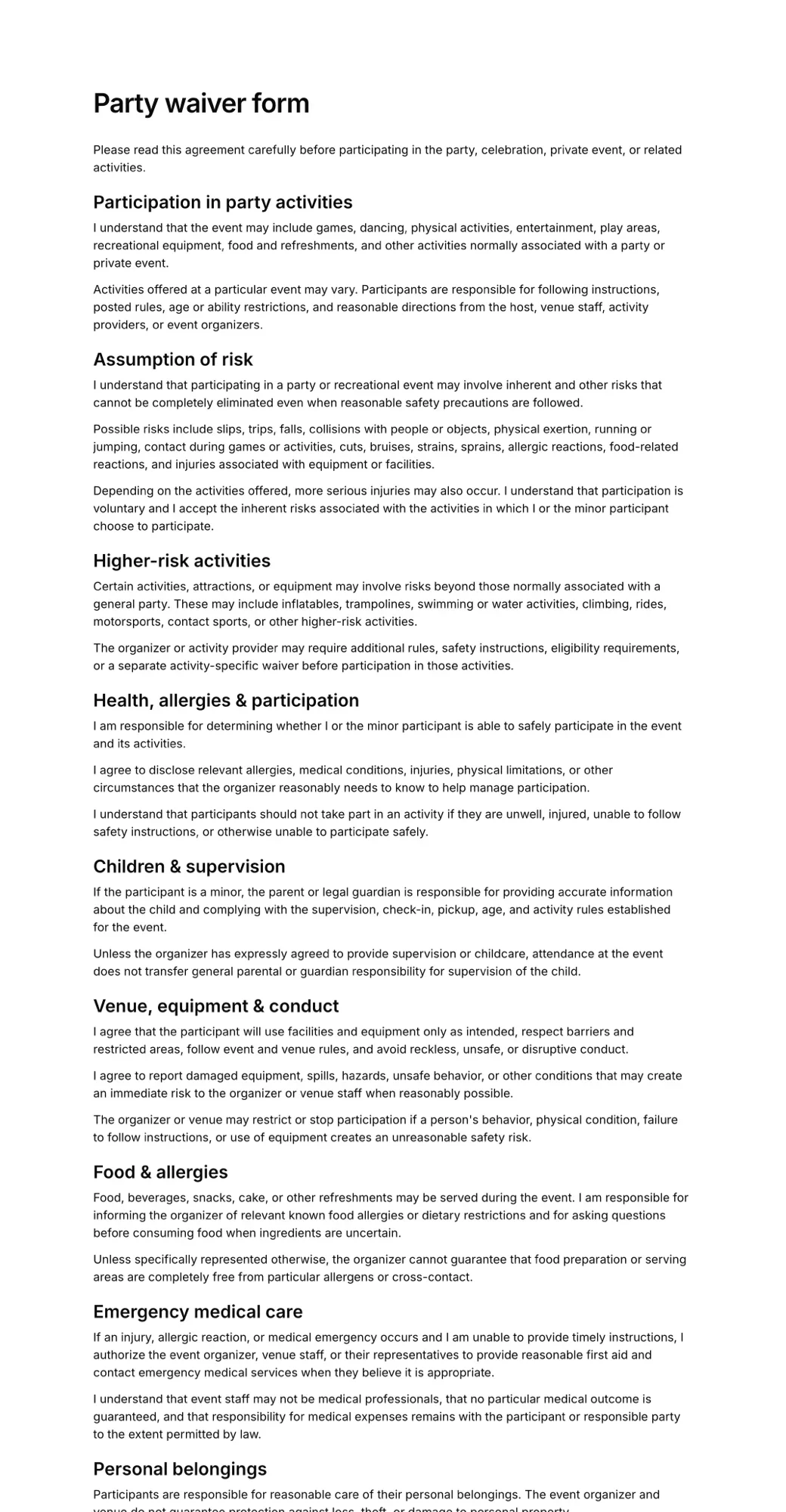Party waiver form PDF