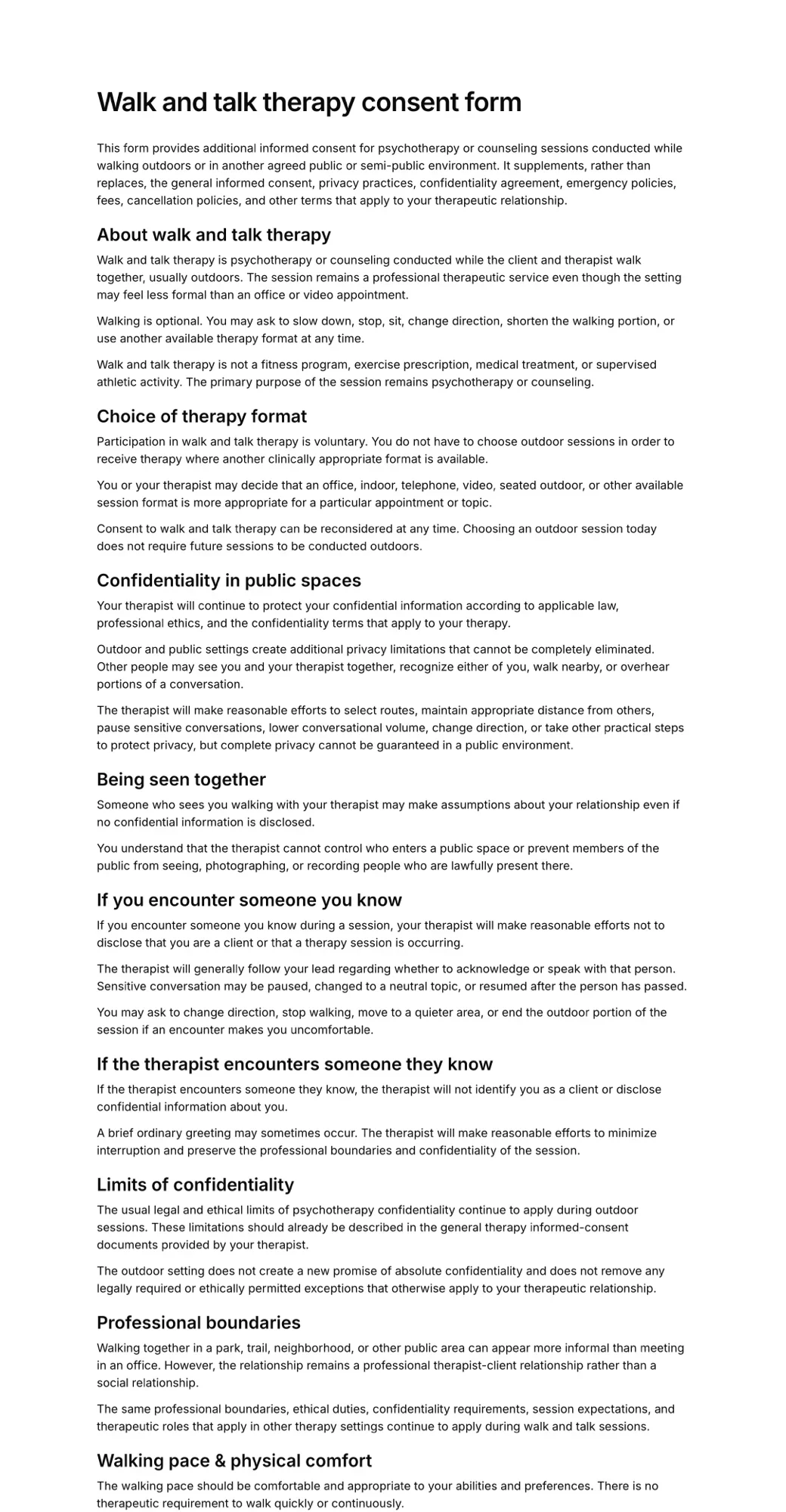 Walk and talk therapy consent form PDF
