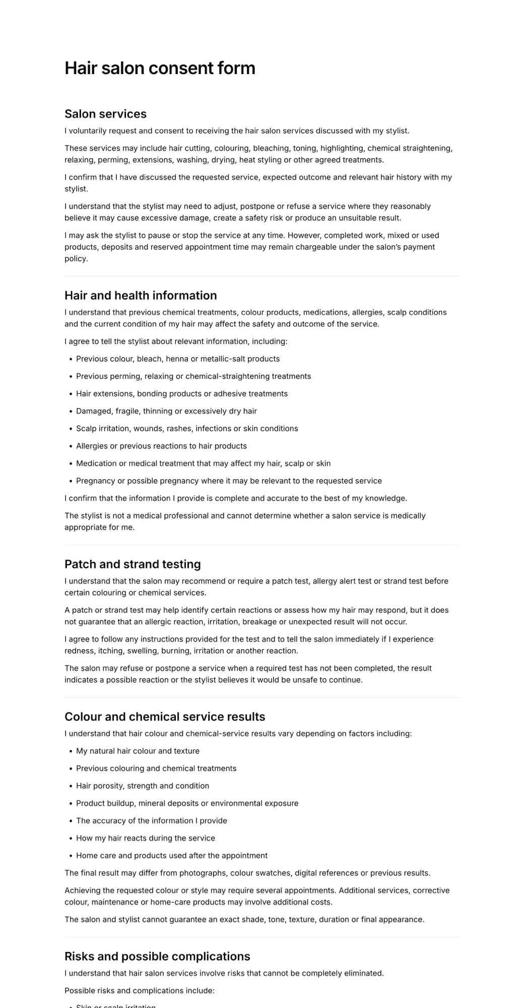 Hair salon waiver form PDF
