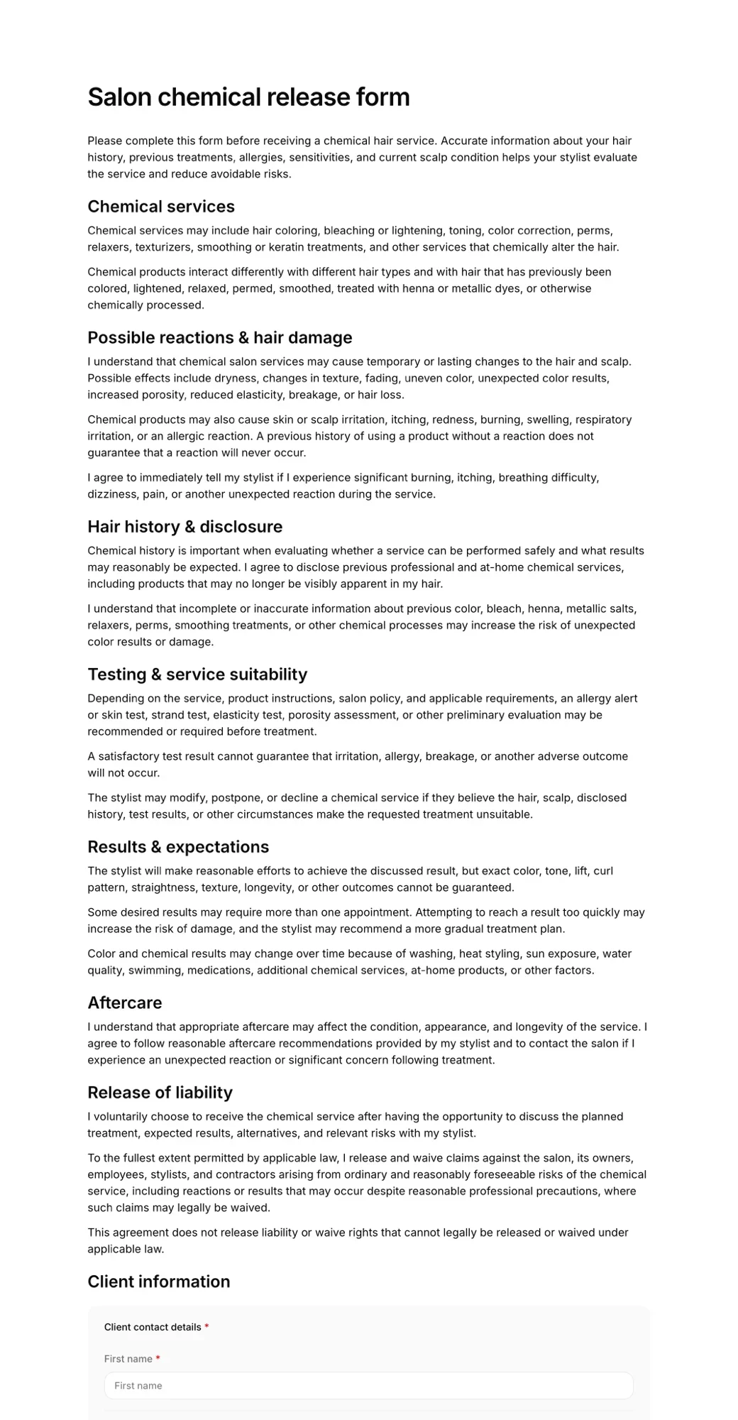 Salon chemical release form PDF