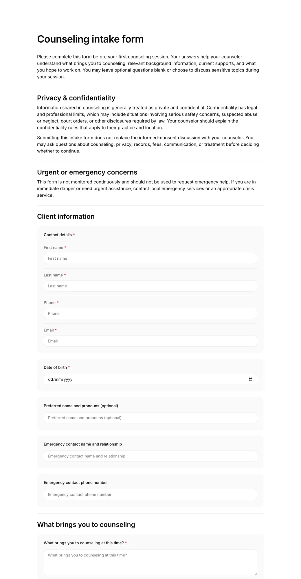 Counseling intake form PDF