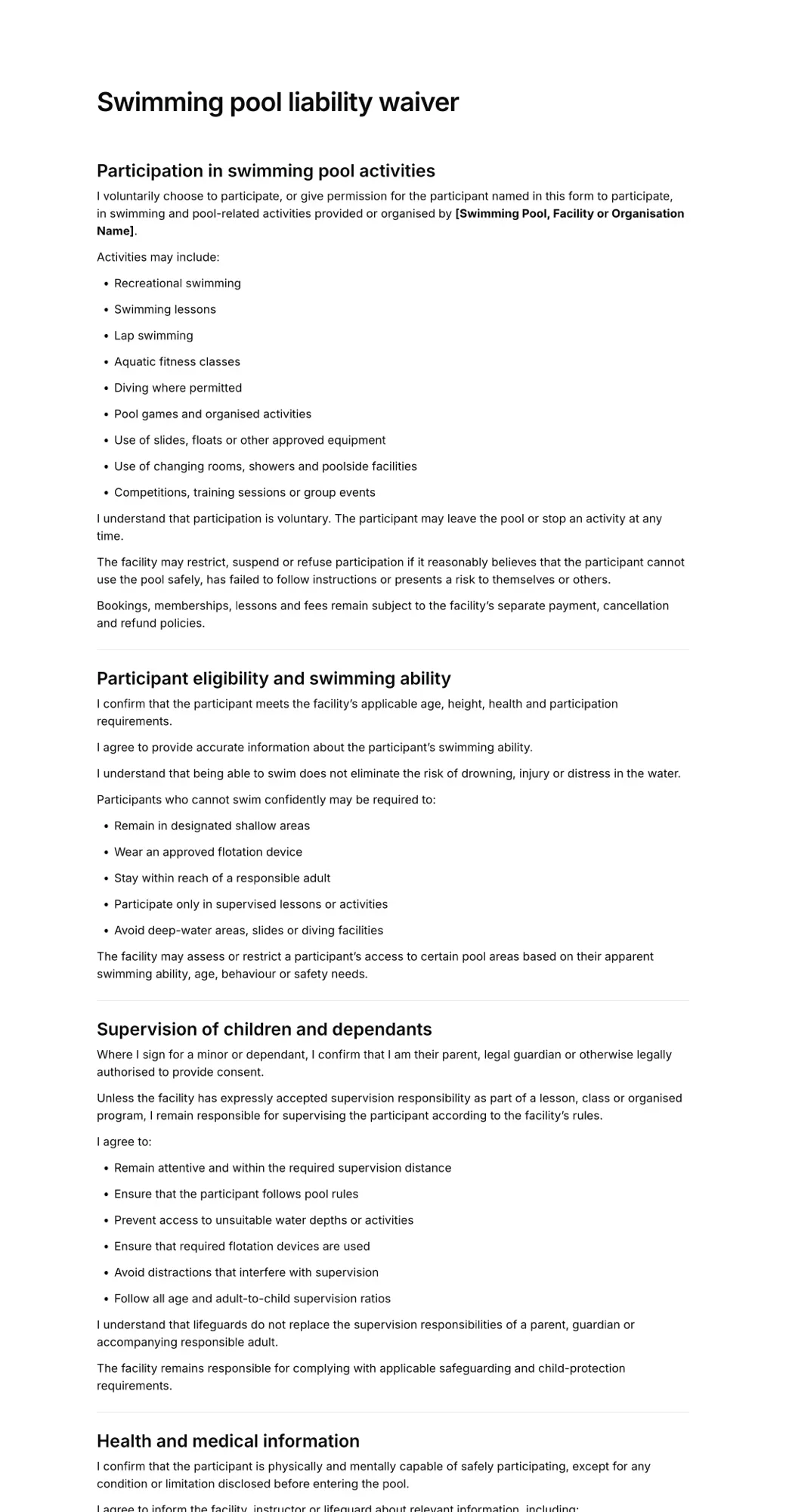 Swimming pool waiver PDF