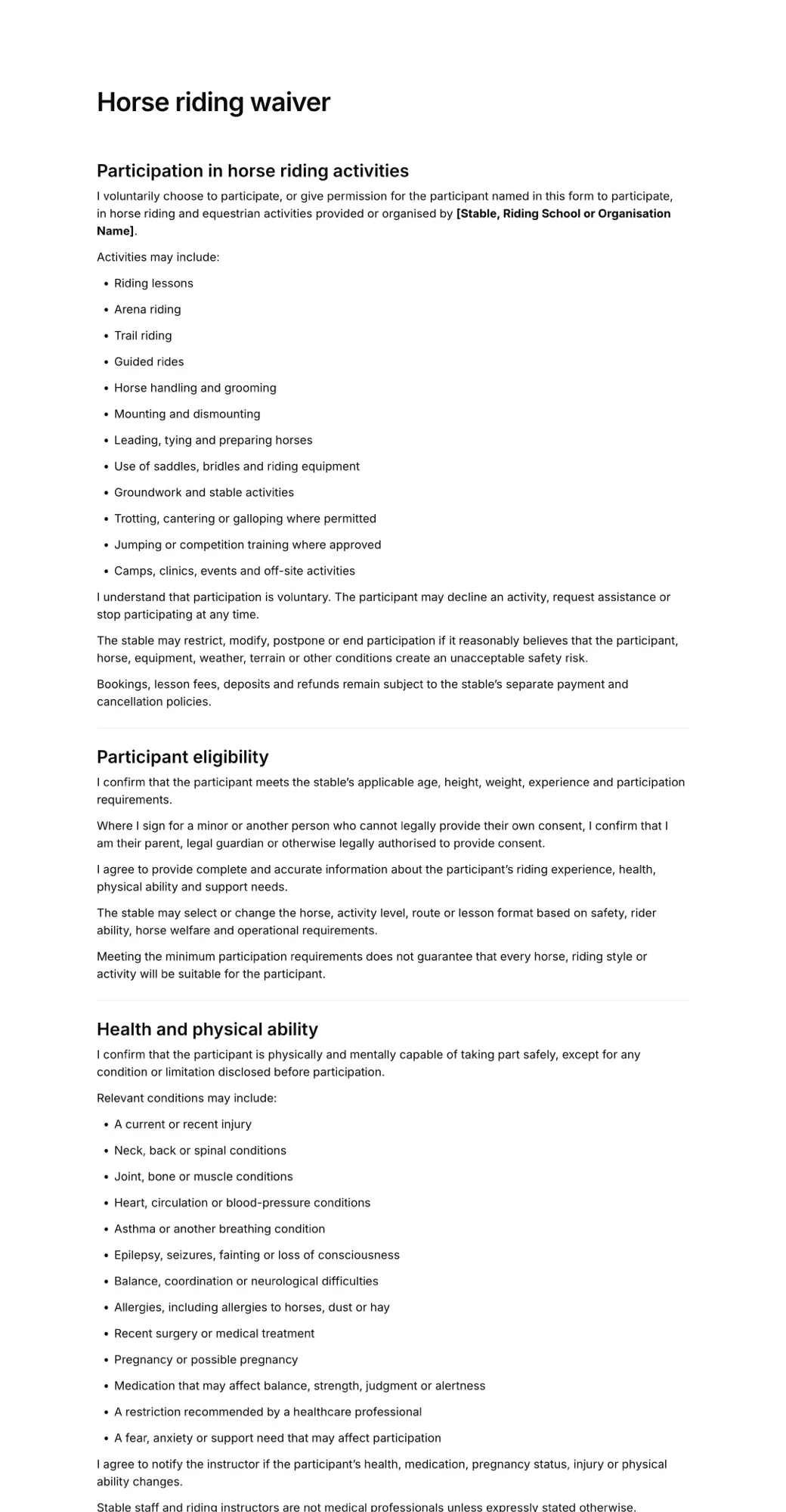 Horse riding waiver PDF