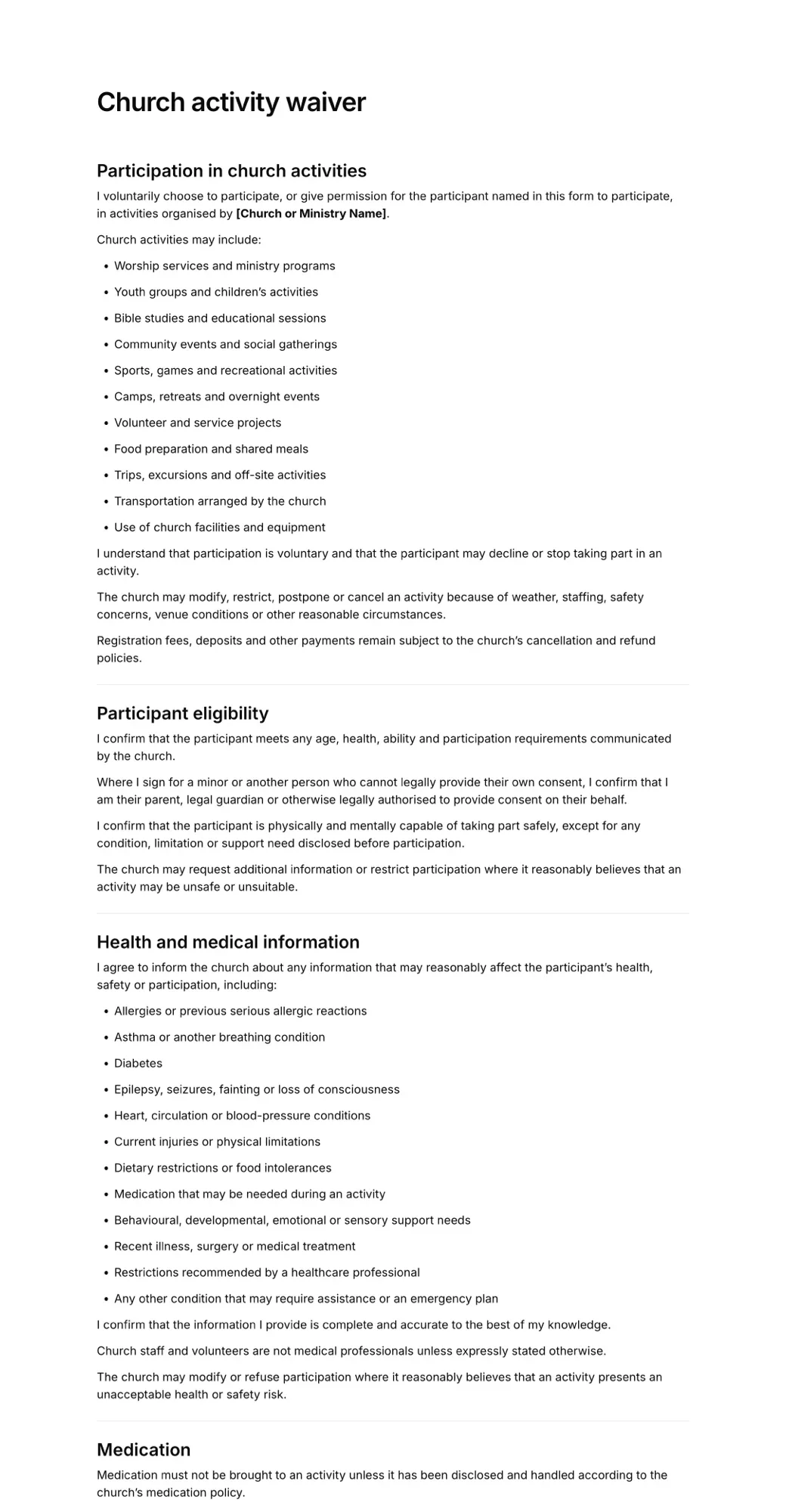 Church activity liability waiver PDF