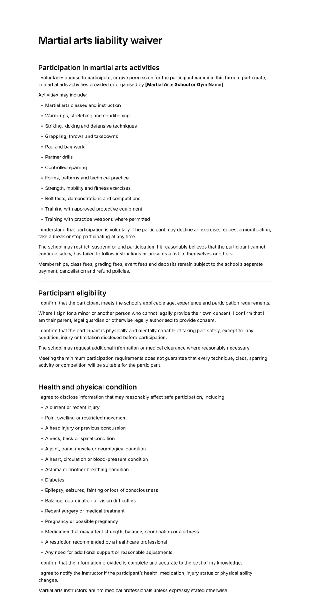 Martial arts waiver PDF