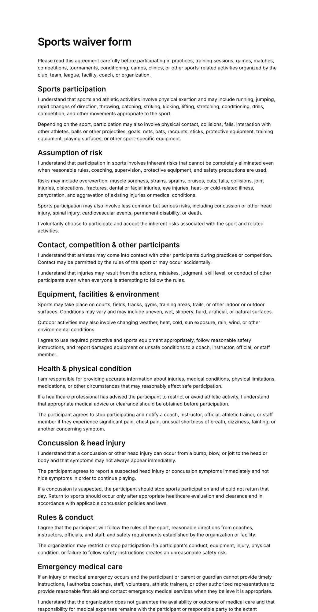 Sports waiver form PDF