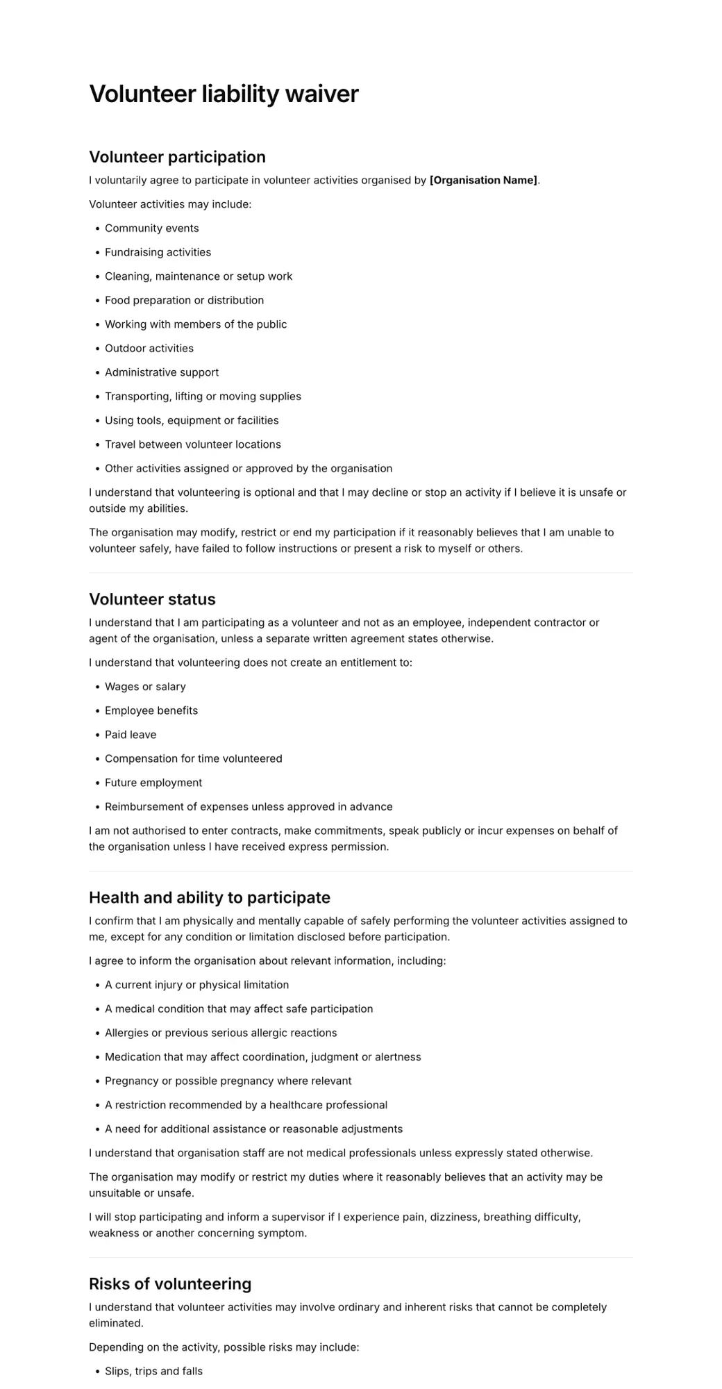 Volunteer liability waiver PDF