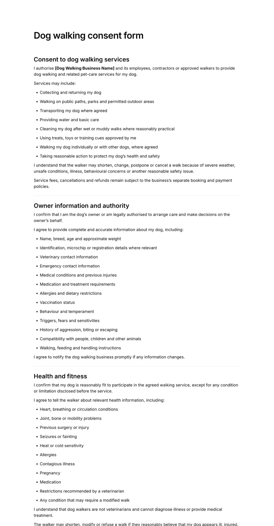 Dog walking consent form PDF