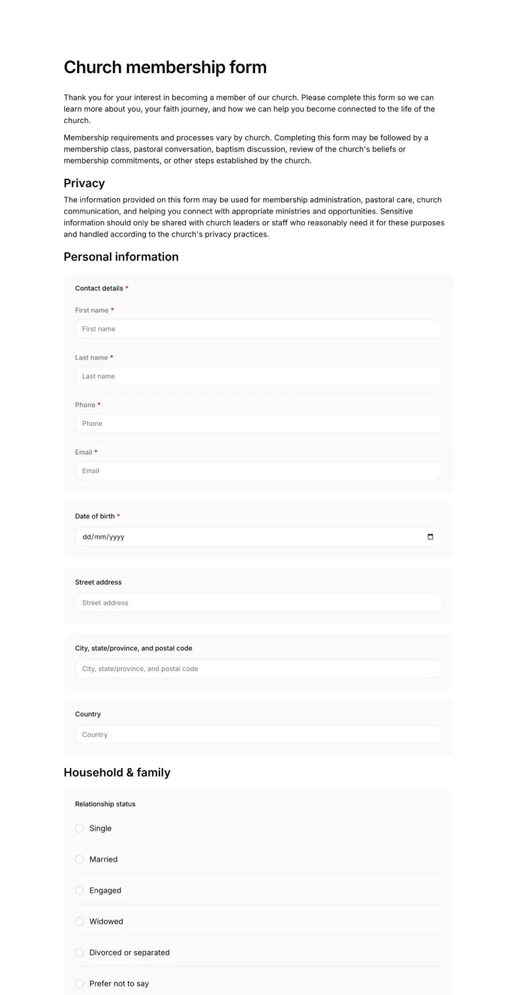 Church membership form PDF