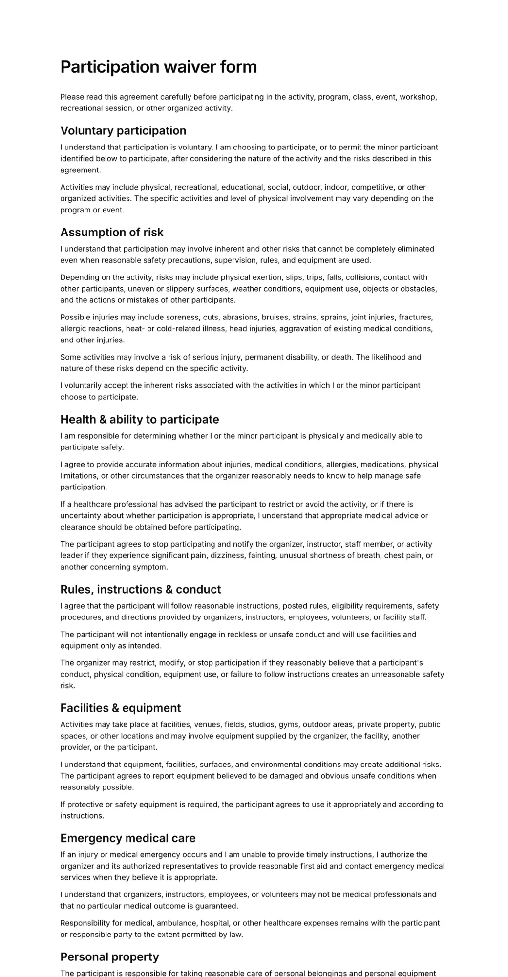 Participation waiver form PDF