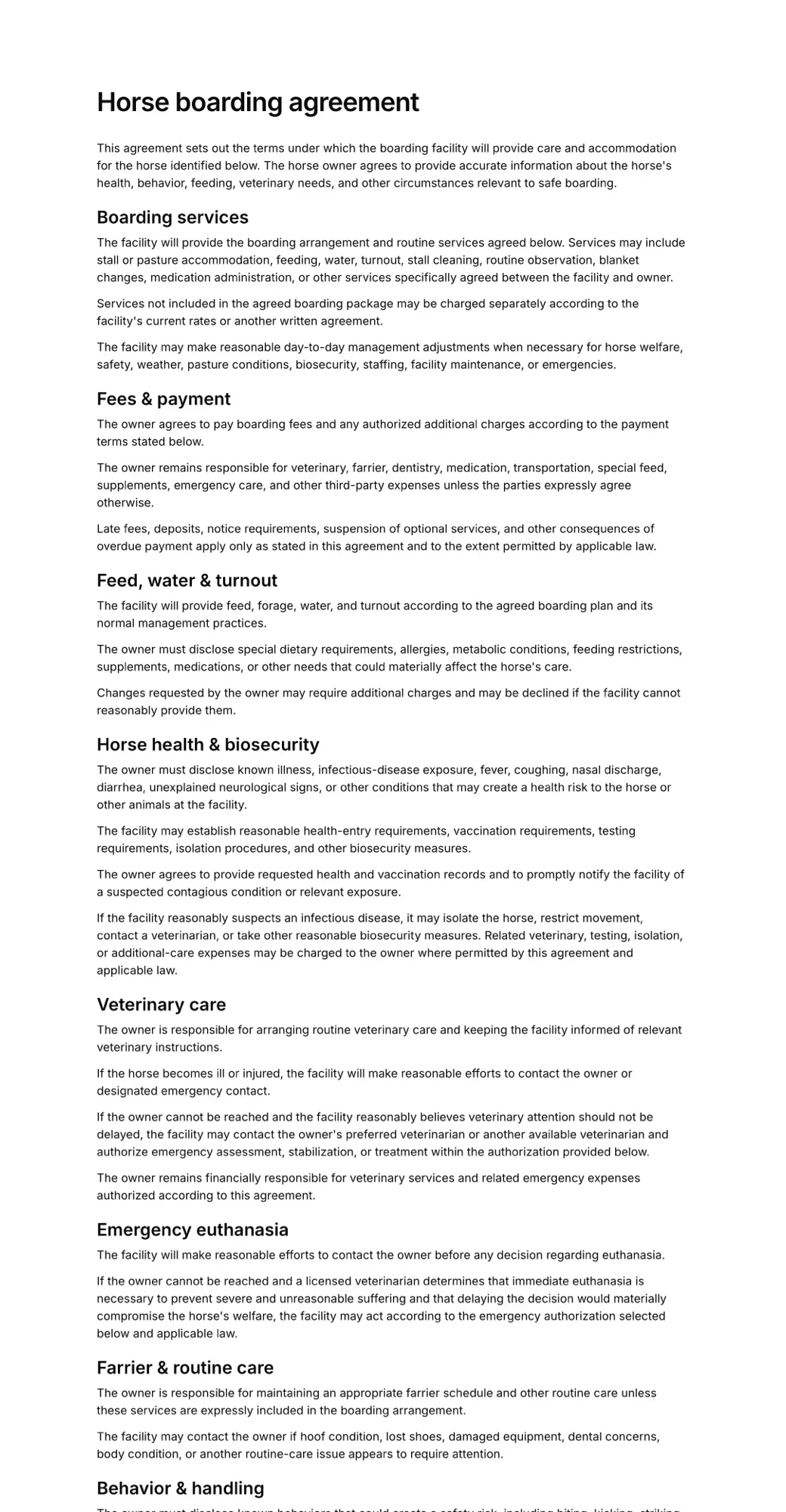 Horse boarding agreement PDF