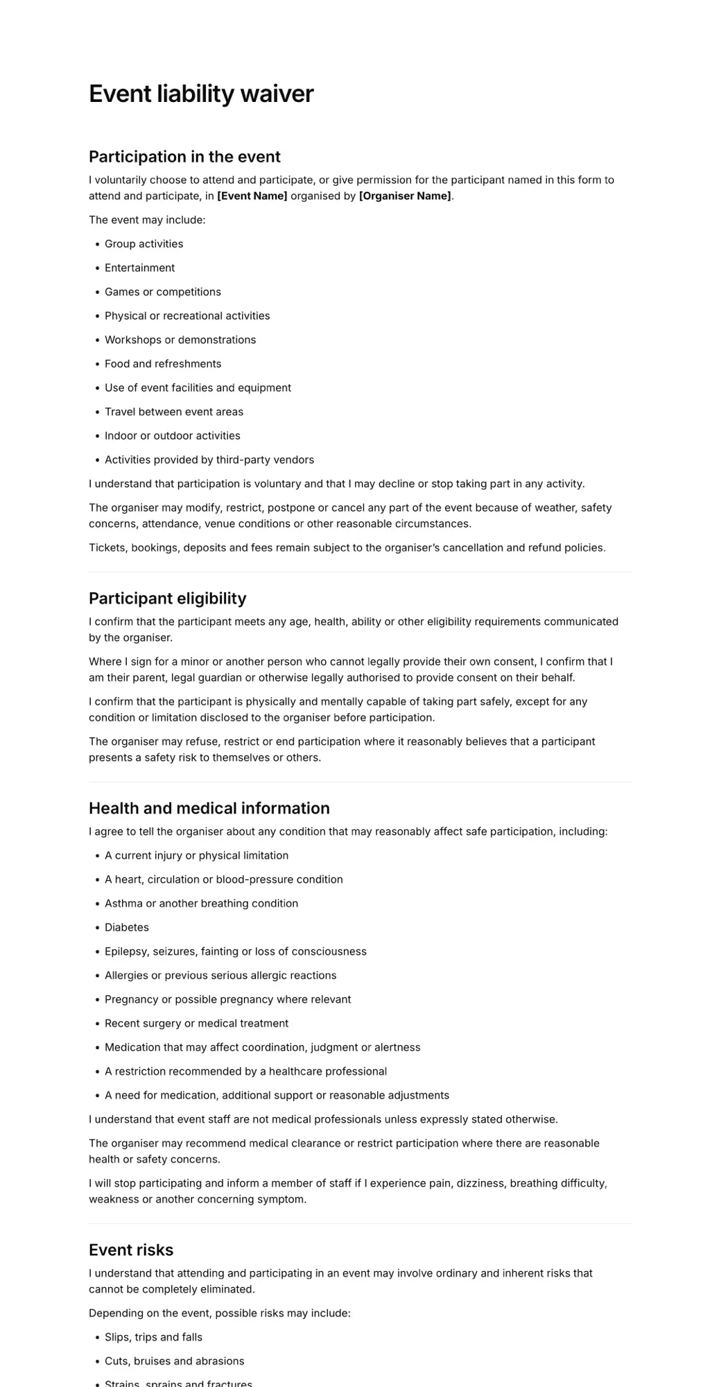 Event liability waiver PDF