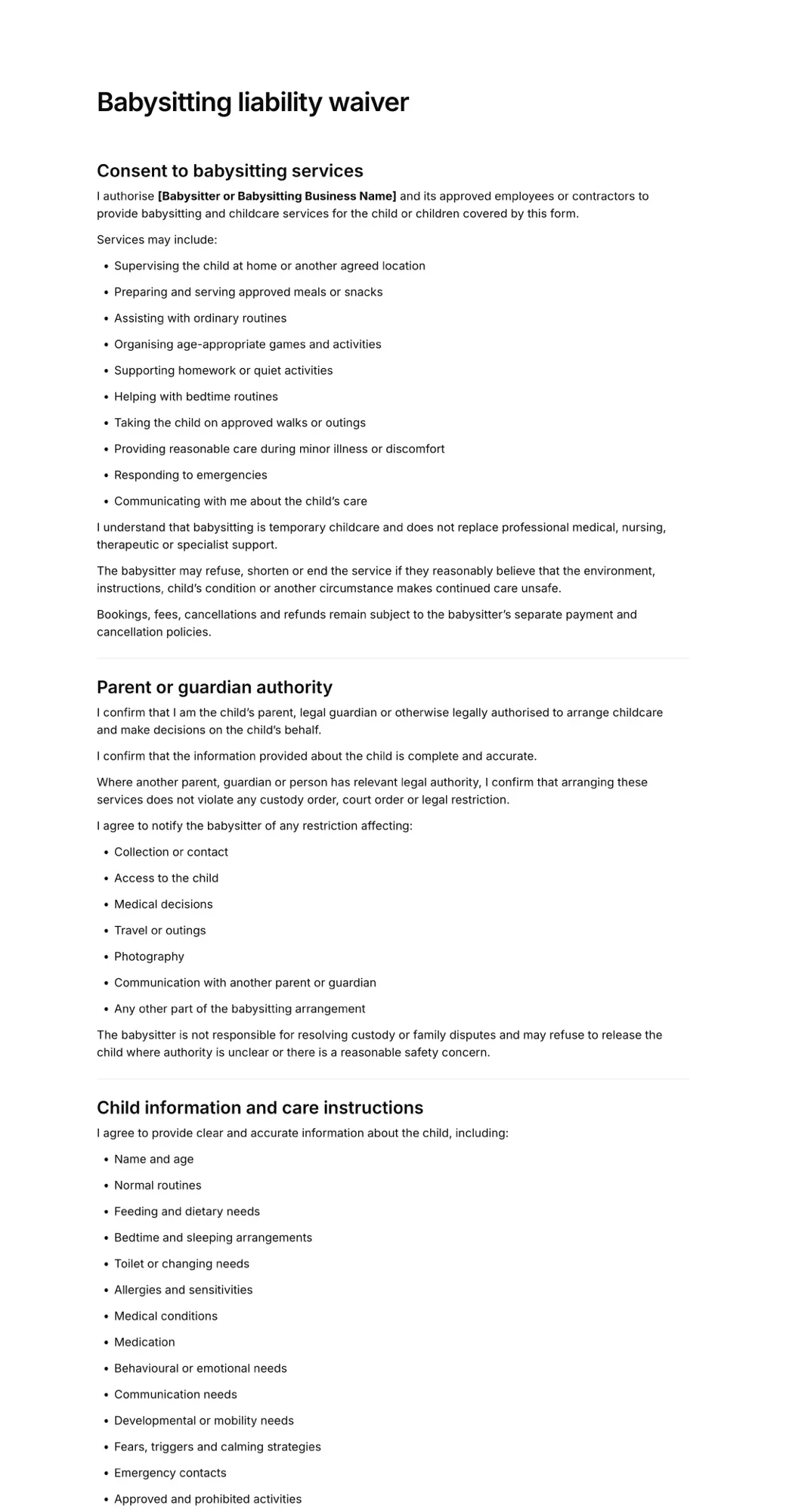 Babysitting liability waiver PDF