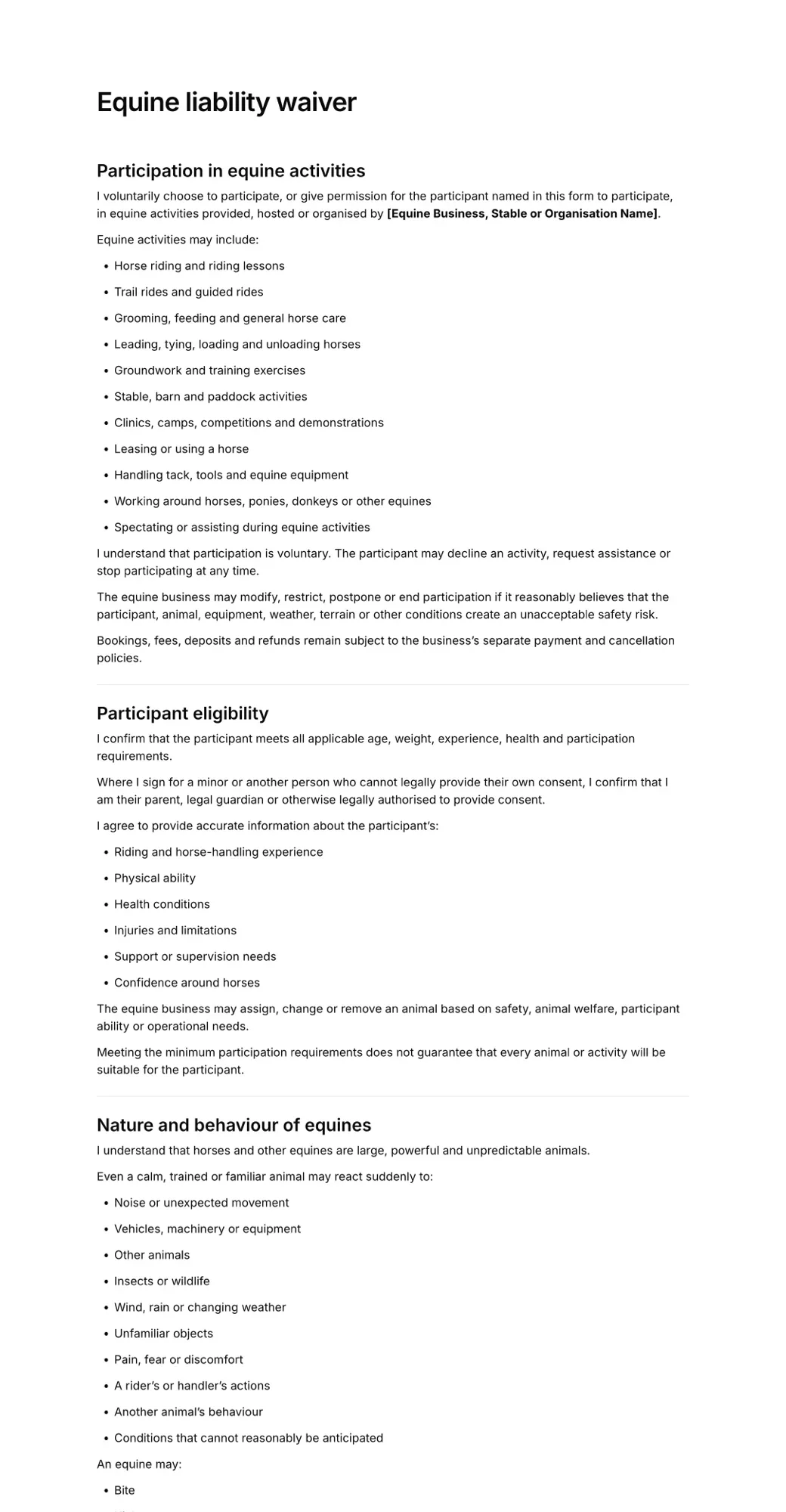 Equine liability waiver PDF