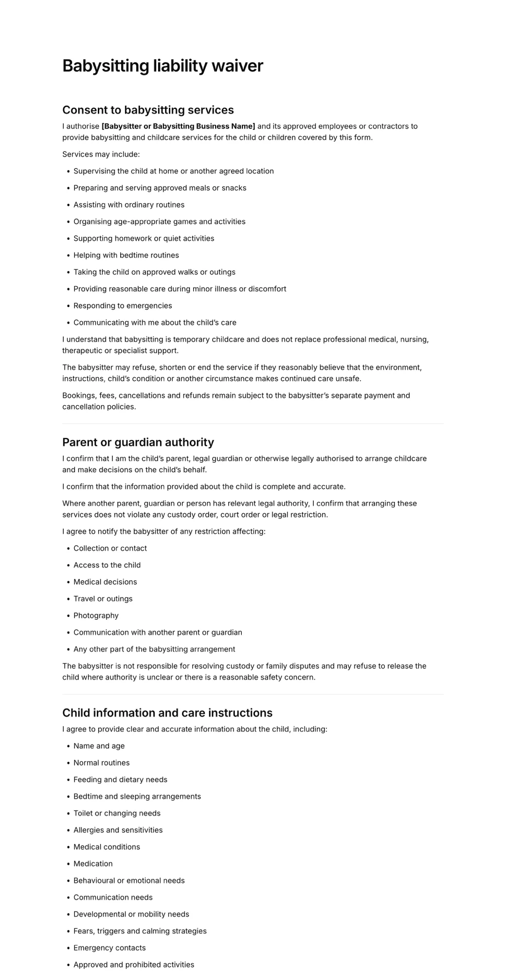 Babysitting liability waiver PDF
