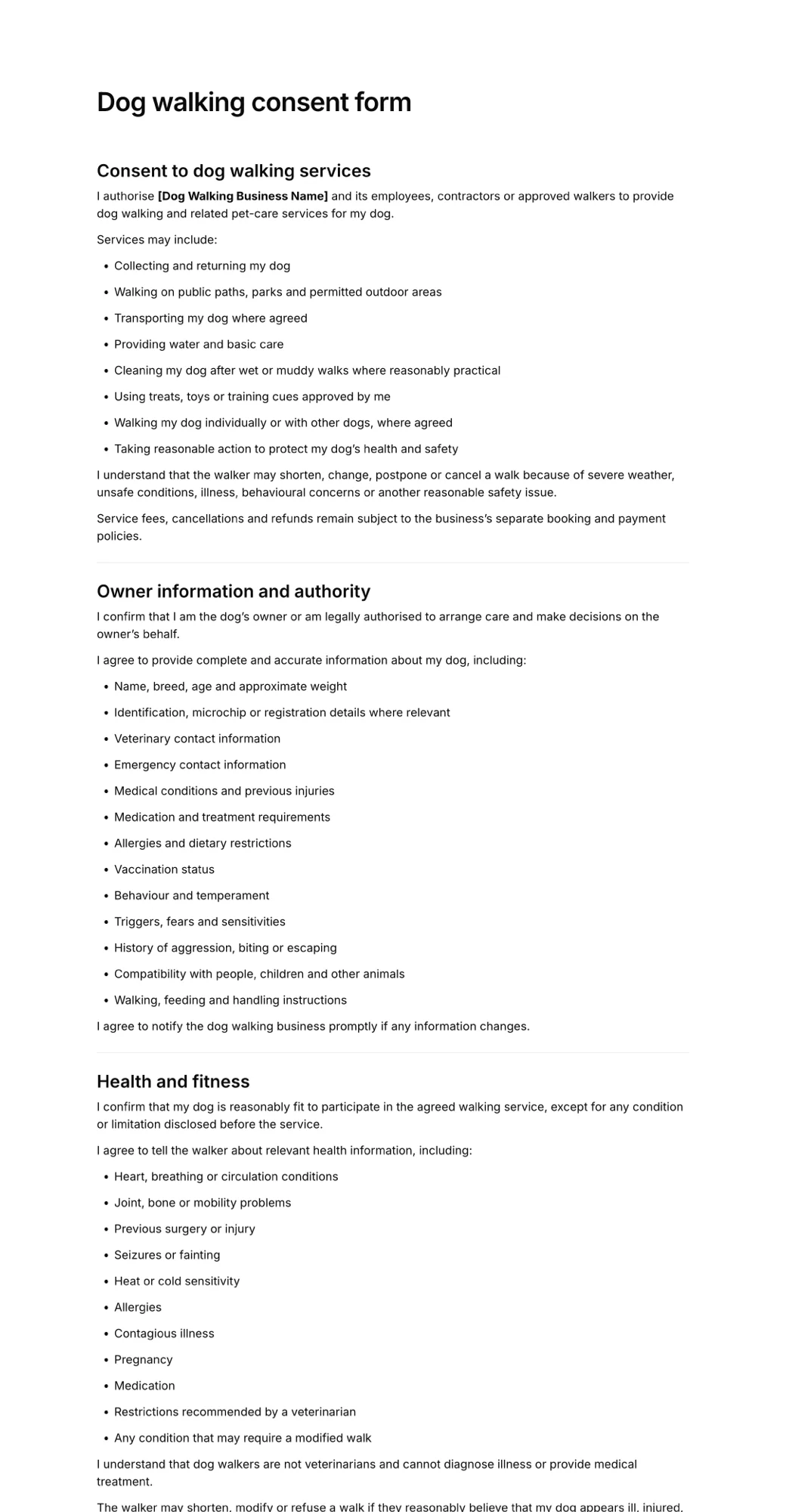 Dog walking consent form PDF
