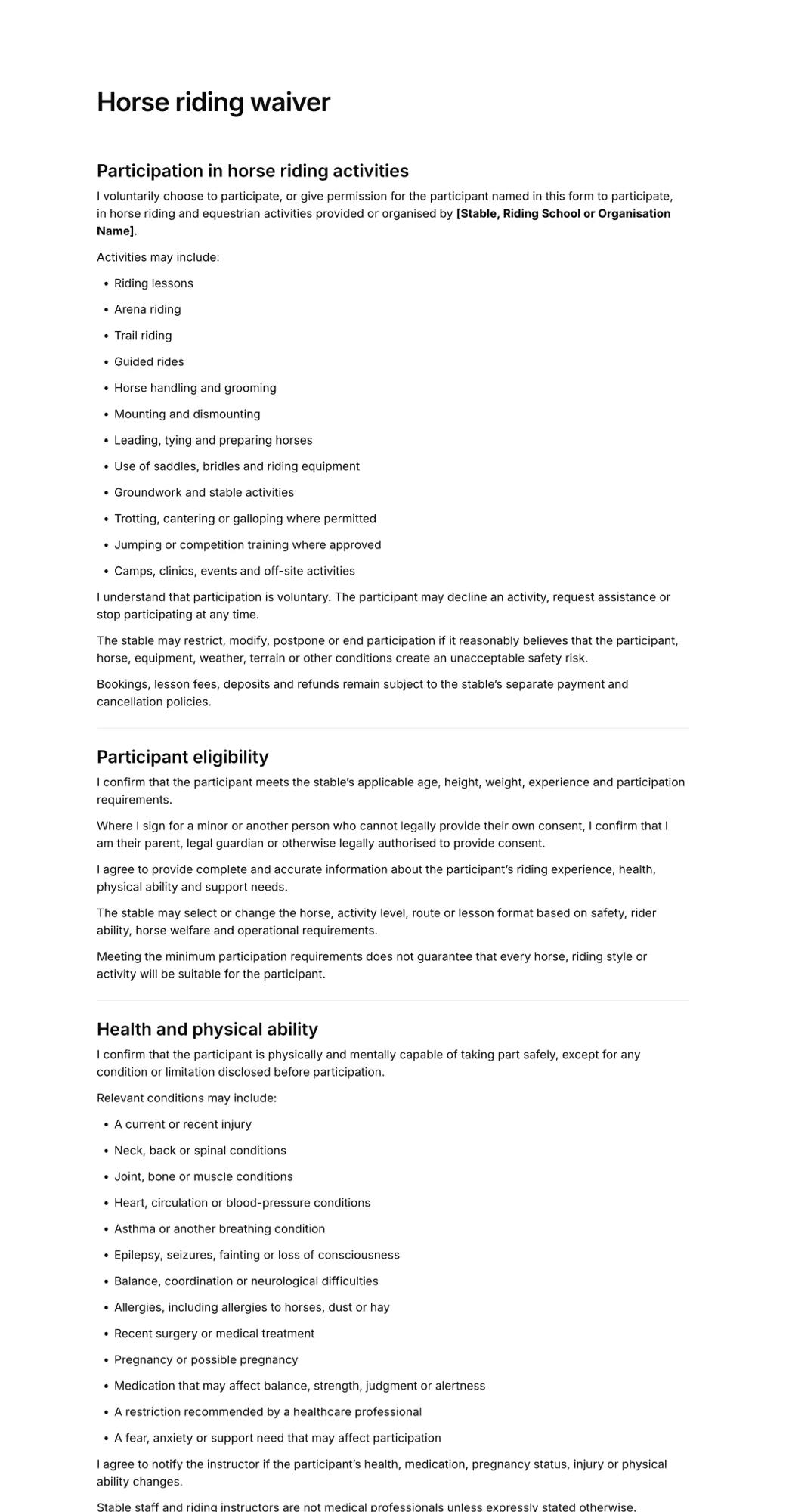 Horse riding waiver PDF