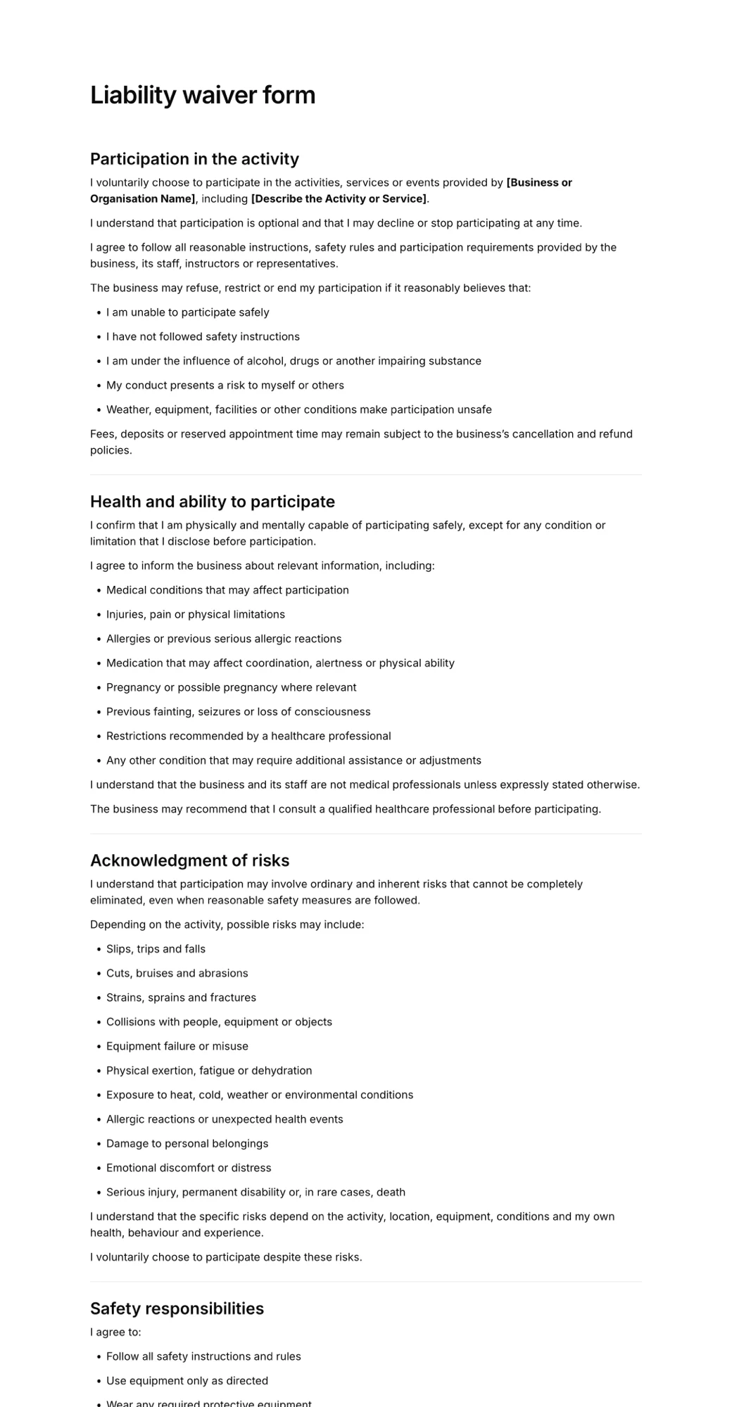 Liability waiver form PDF