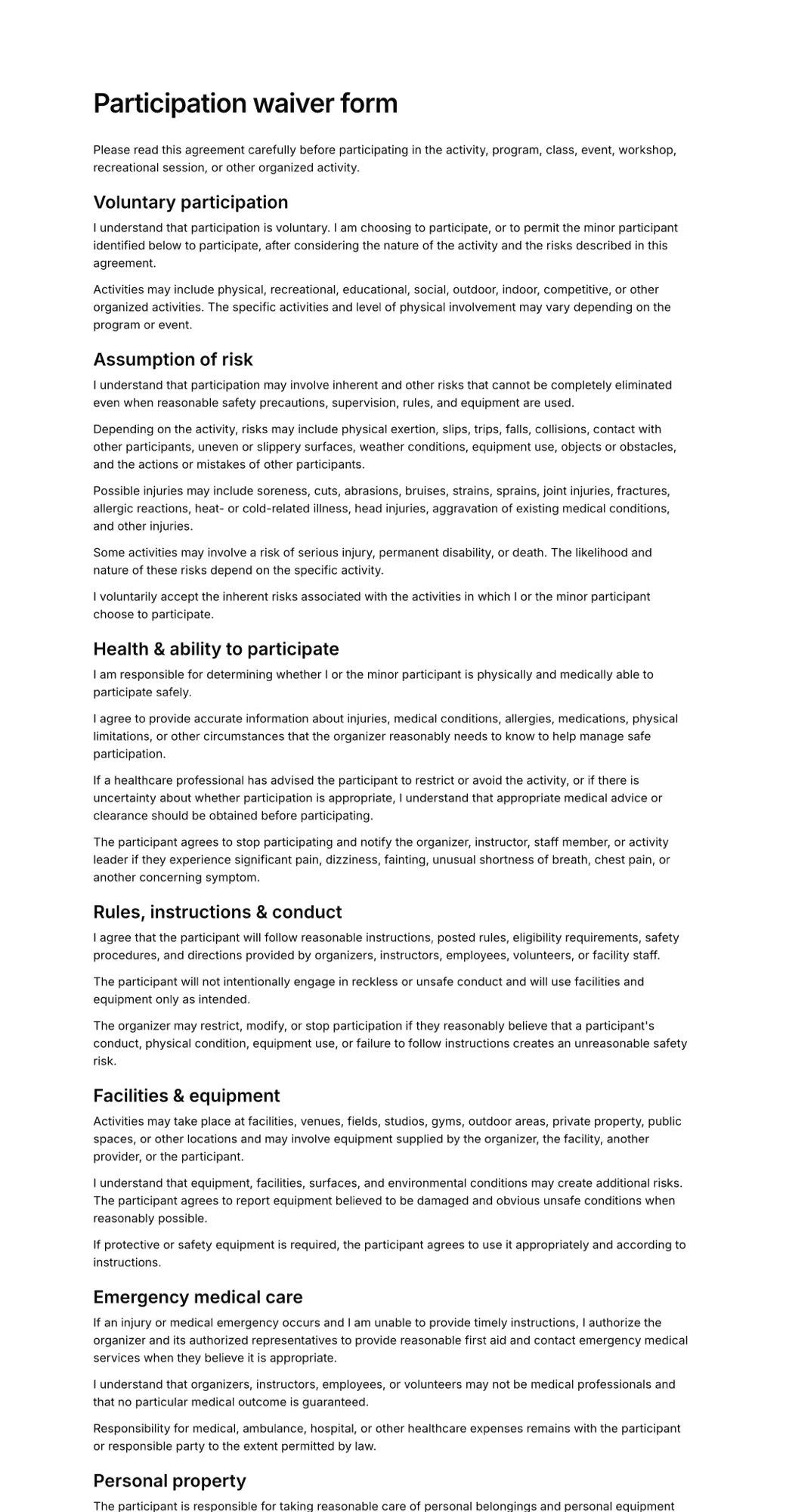 Participation waiver form PDF