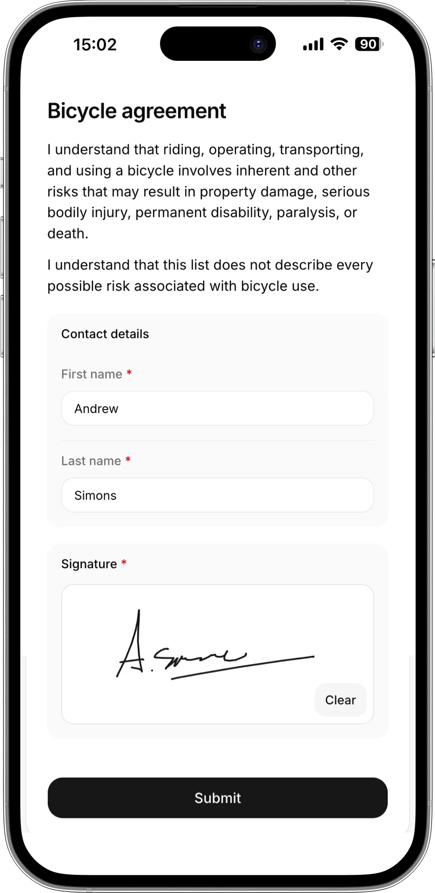 Customer signing a waiver on a phone
