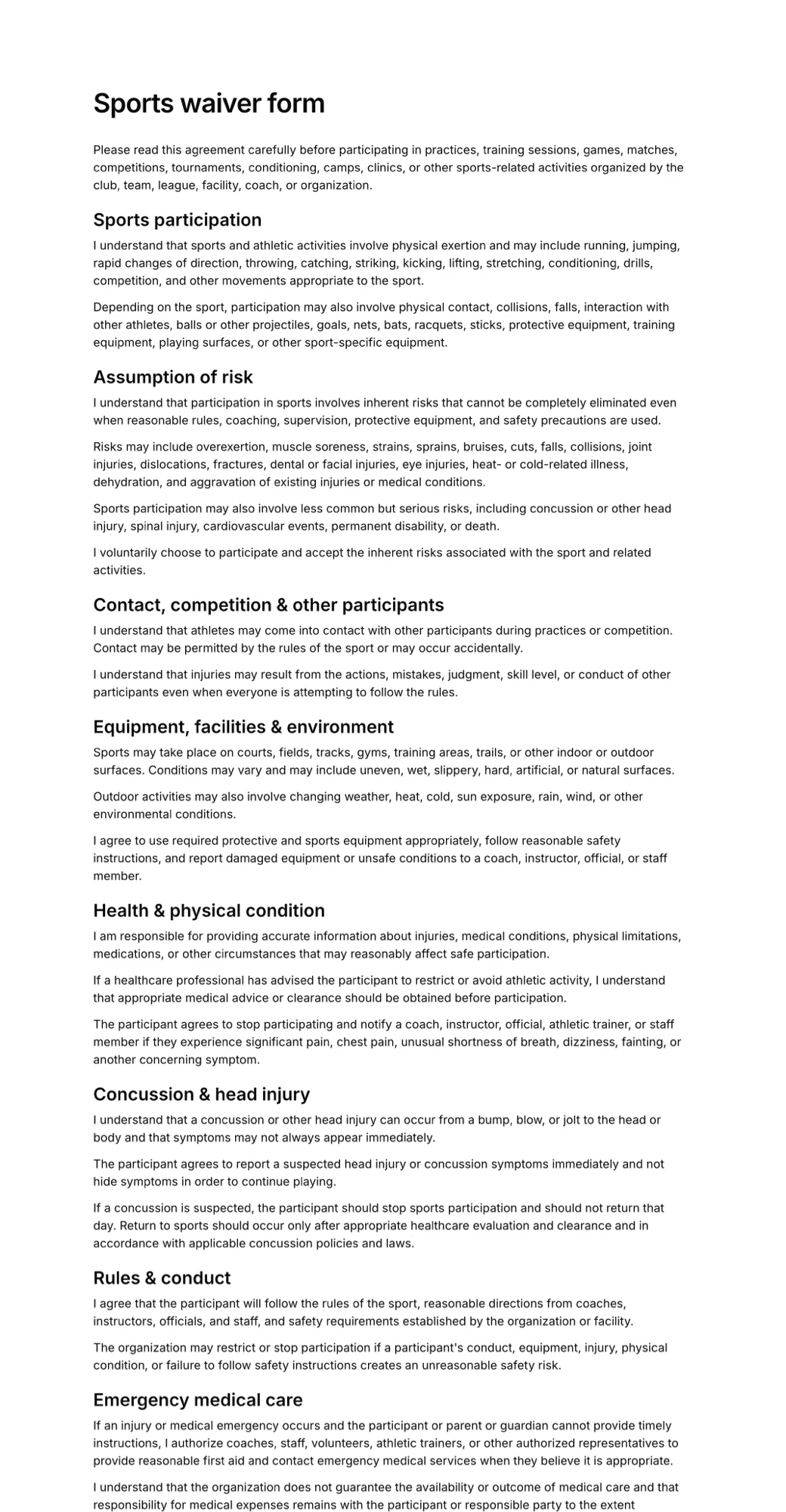 Sports waiver form PDF