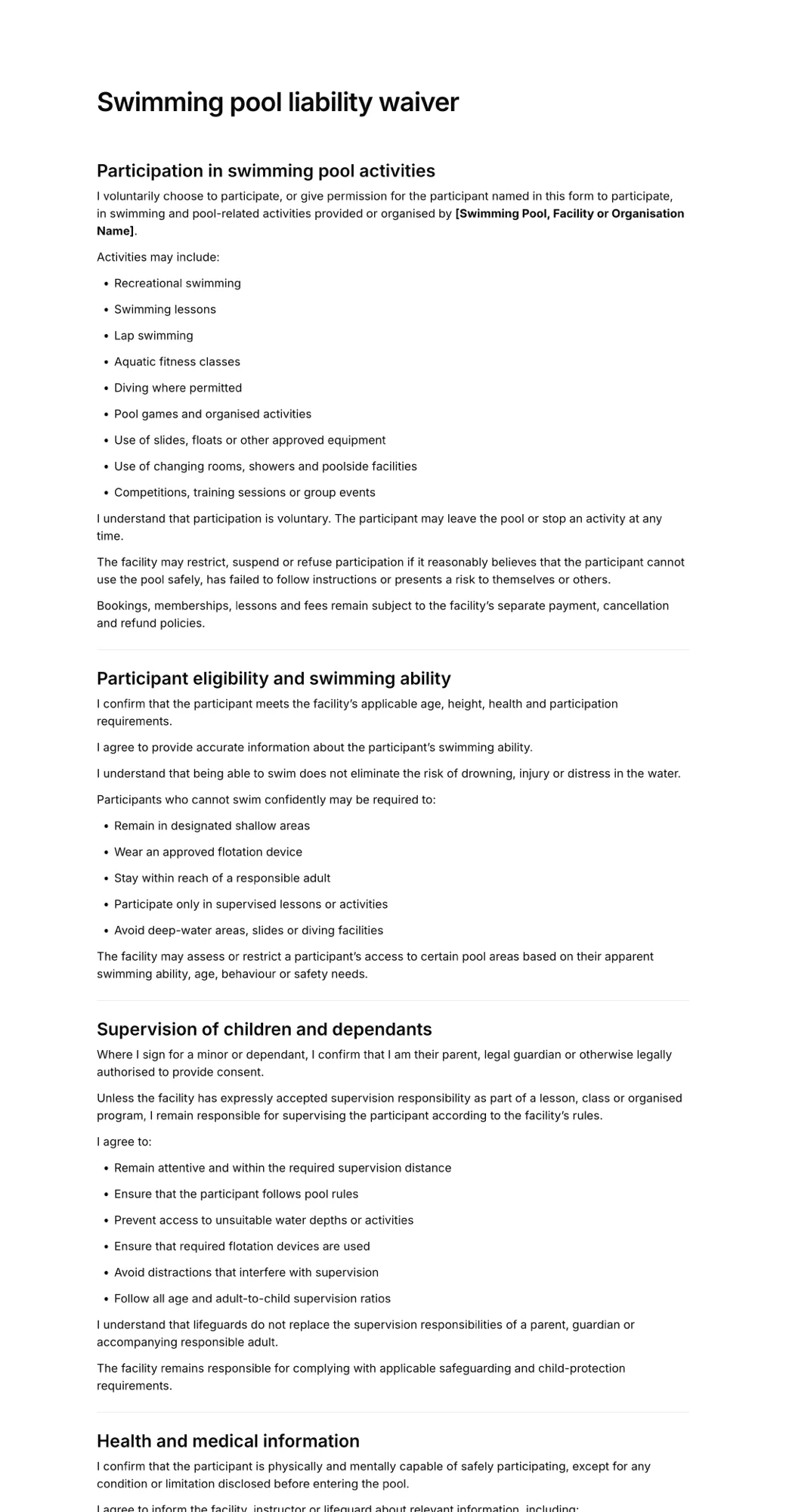 Swimming pool waiver PDF