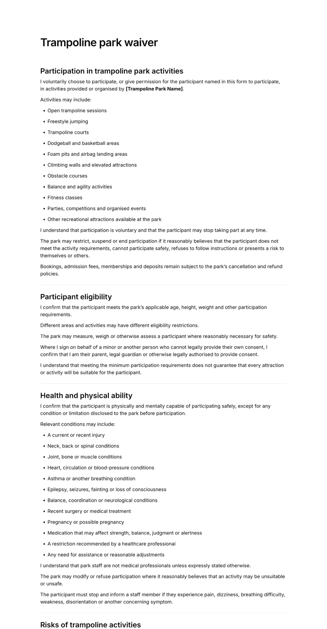 Trampoline park waiver PDF