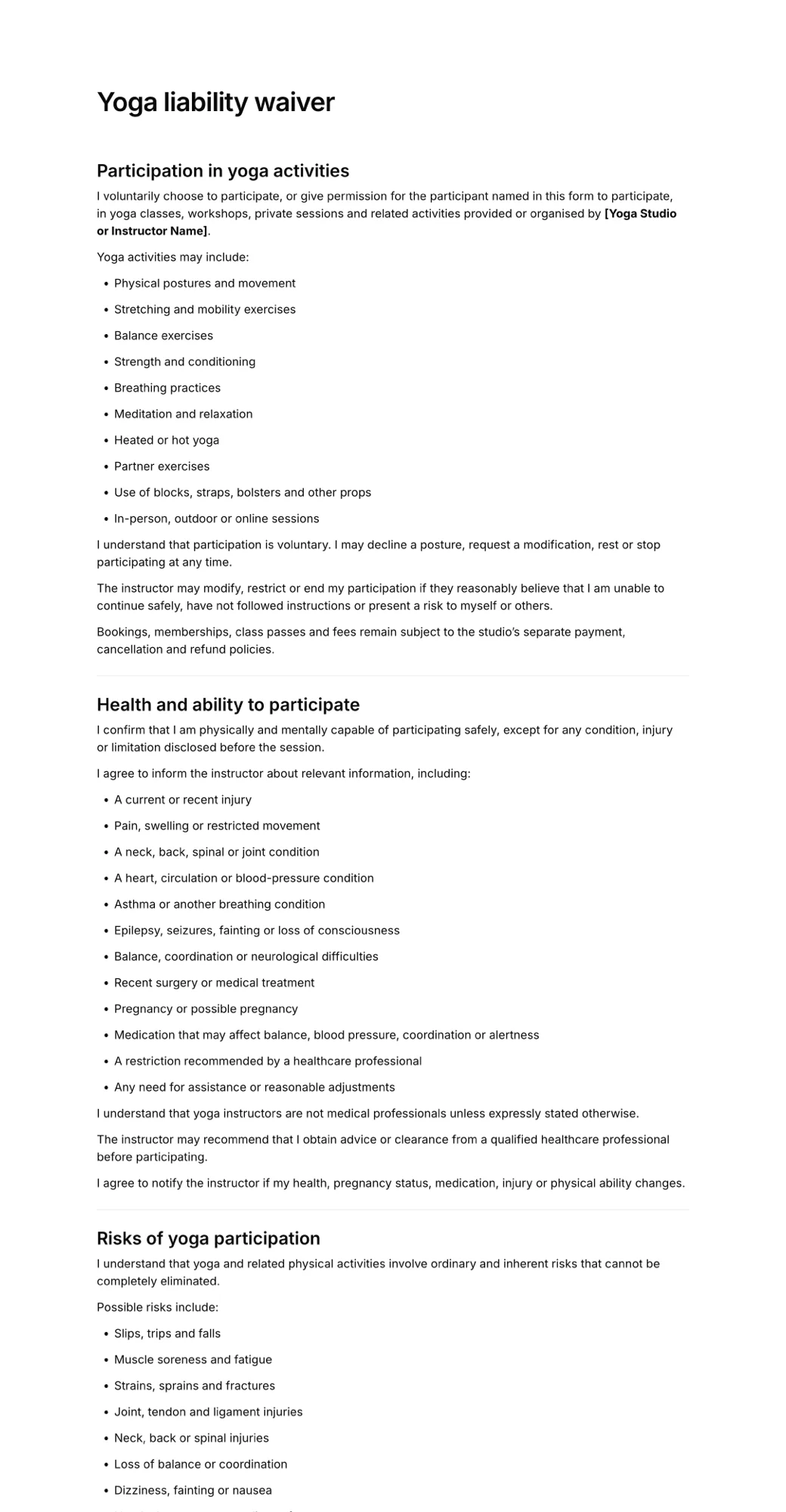 Yoga liability waiver template